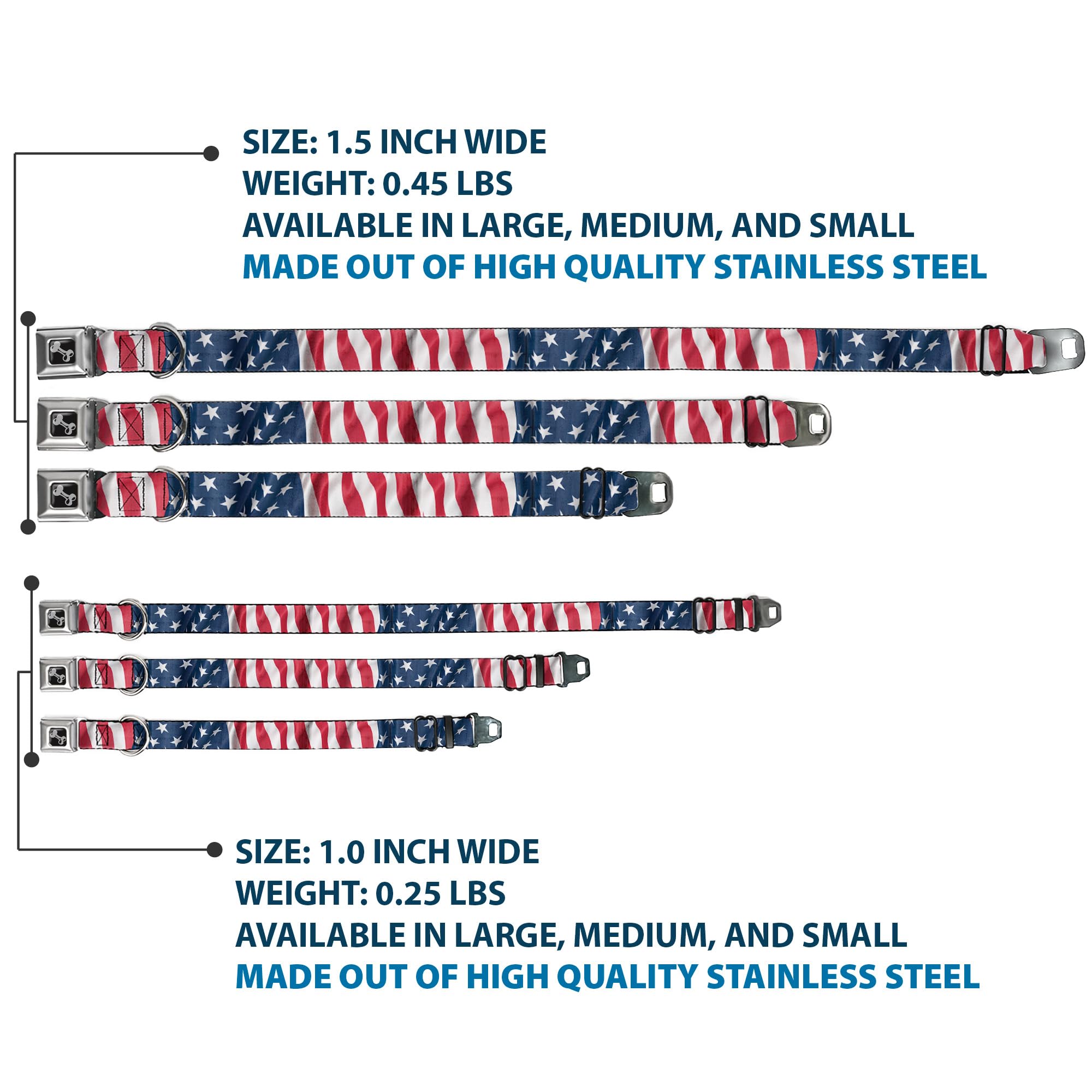Dog Collar Seatbelt Buckle American Flag Vertical Close Up 15 To 26 Inches 1.0 Inch Wide