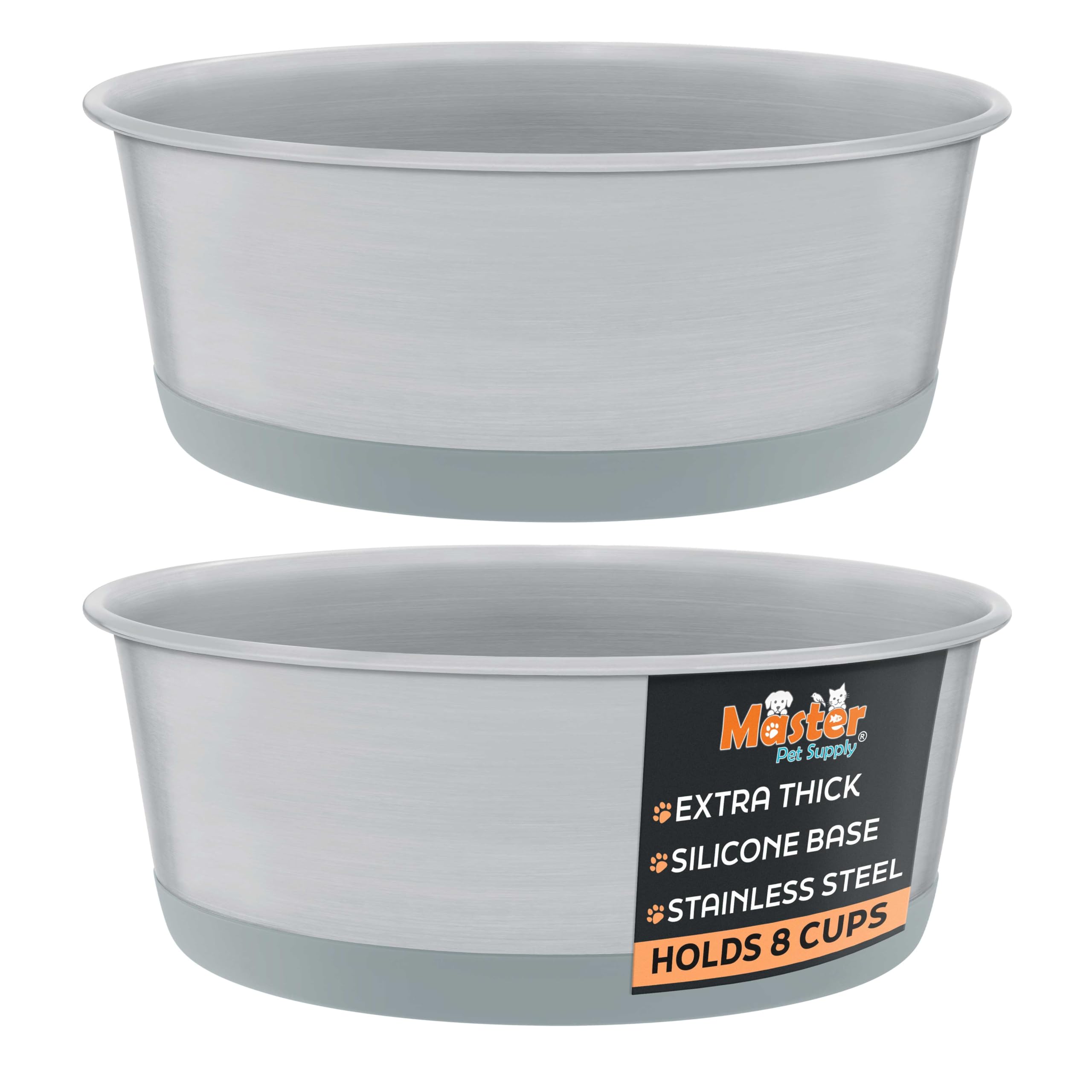 Master Pet Supply Stainless Steel Dog Bowls Set of 2 with Extra Thick Silicone Base - 8 Cup (64 oz) Graphite, Non-Slip, Dishwash
