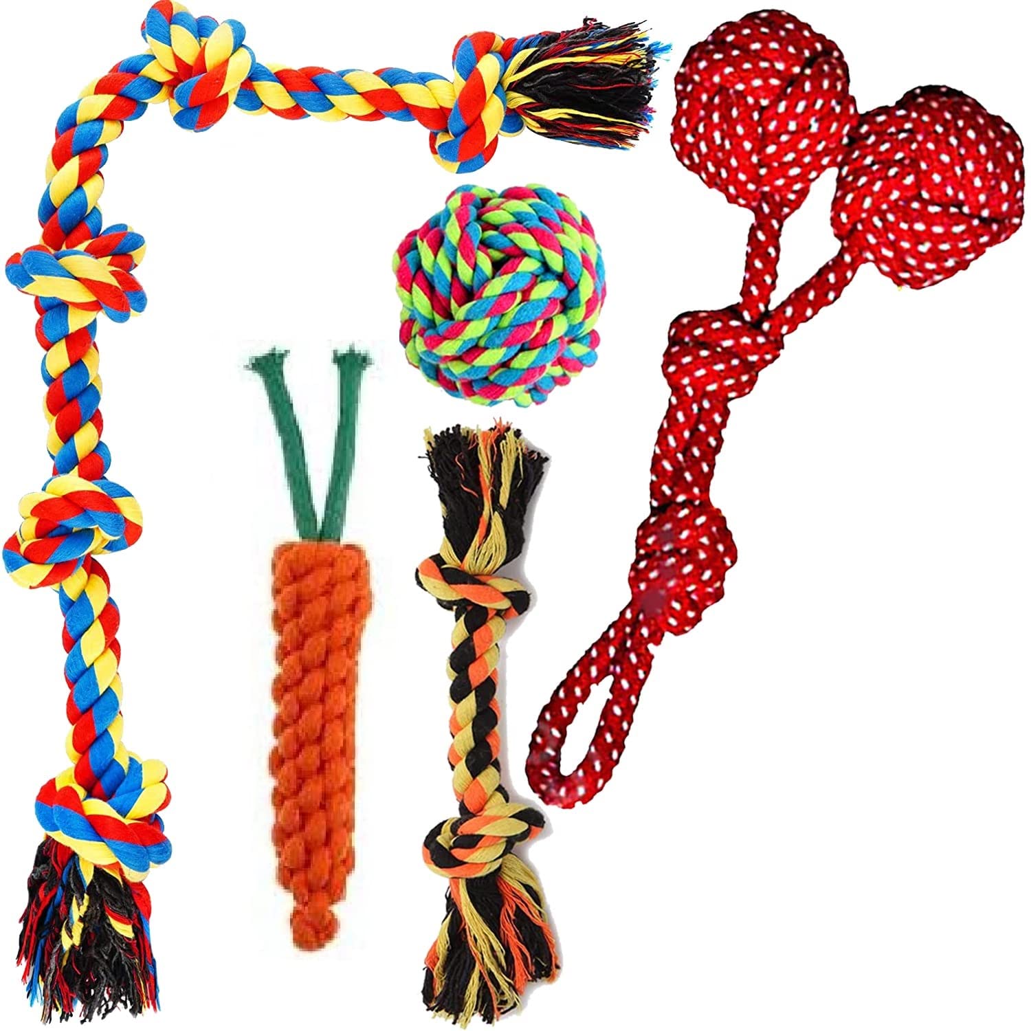 Pet Guard Indestructible Combo Cotton HandBraided Chewing Rope Dog Toys For Large, Medium And Small Dog | 5 Knots | Ball | Doub