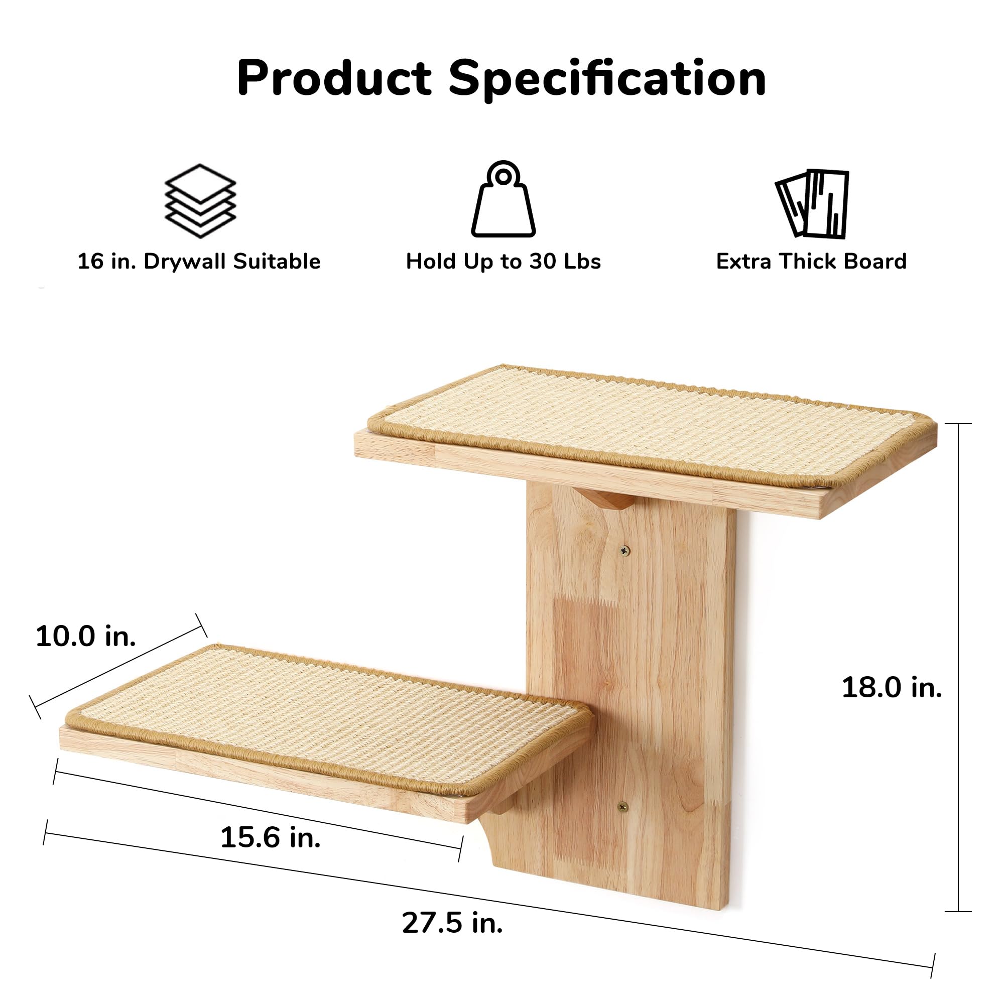 FUKUMARU Cat Wall Shelves, 2 Platform Cats Walls Furniture, Tree Shape Kitten Floating Shelf with Soft Cushion Perch, Solid Rubb