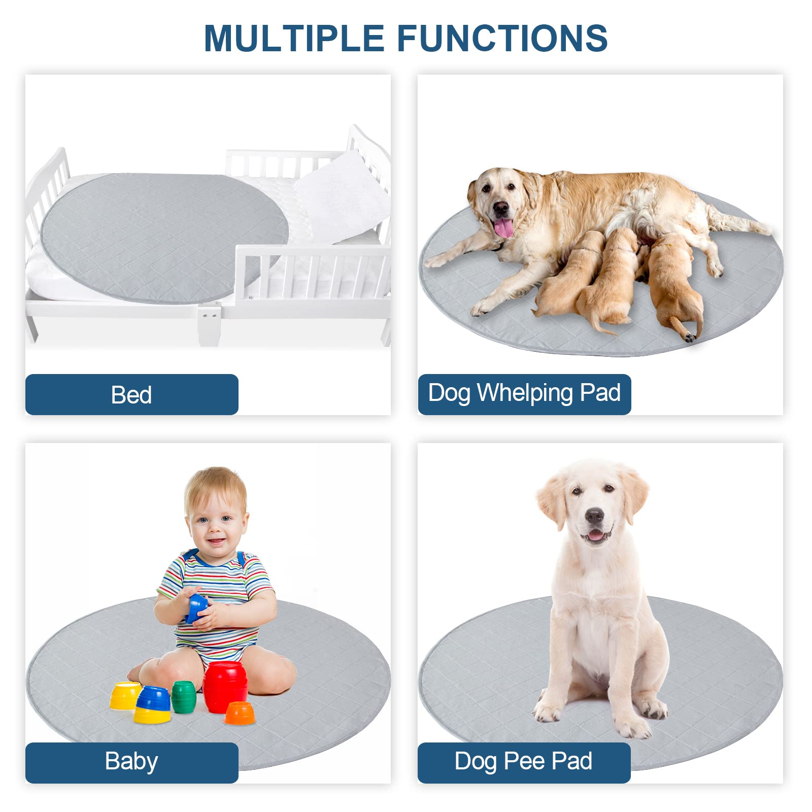 Washable Dog Pee Pads 2 Pack, Waterproof Dog Whelping Pads, Reusable Pee Pad Quilted, Fast Absorbing Training Pads For Dogs, Housebreaking Absorption Pads, Grey & Navy