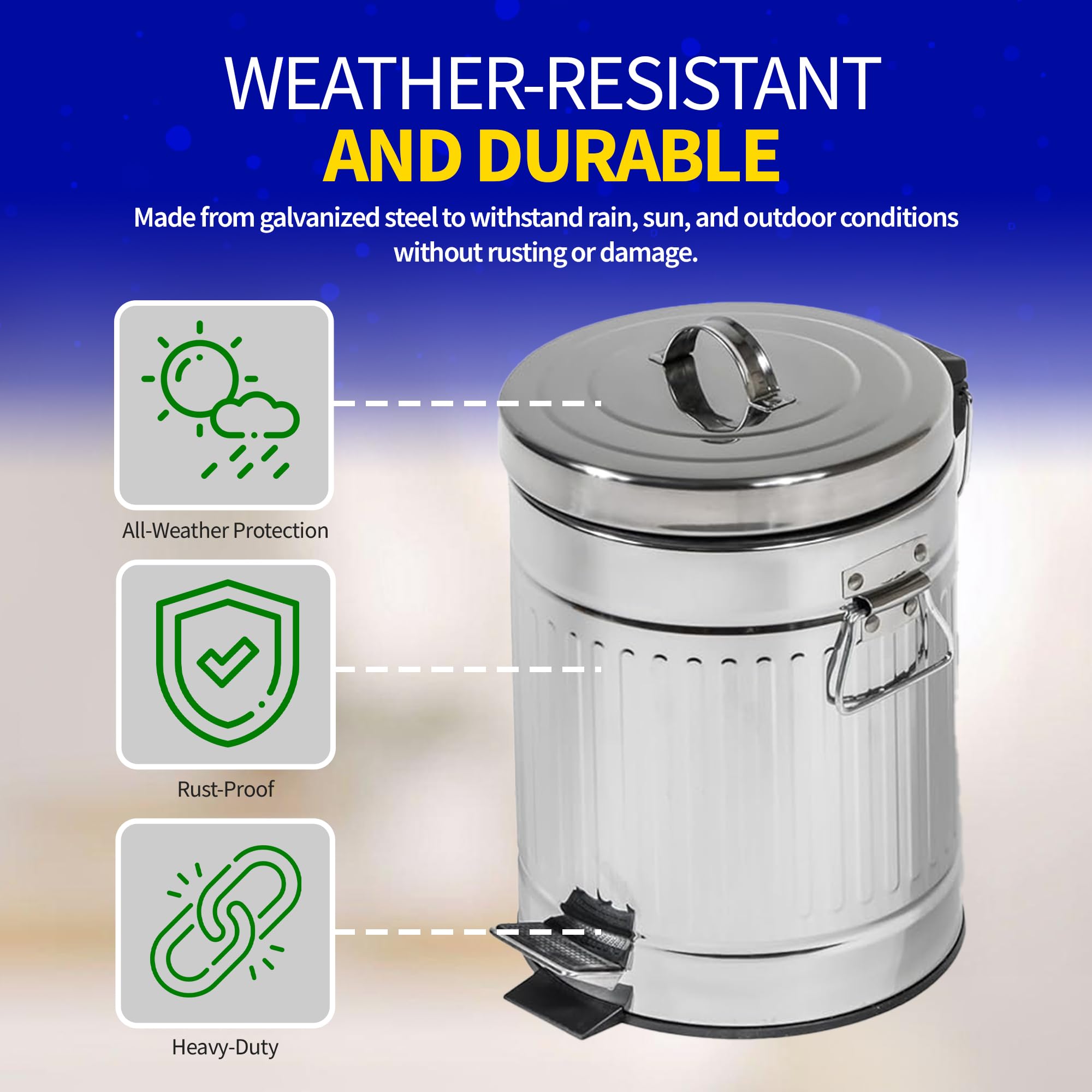 Pet Fit For Life 16 Tall Galvanized Steel Trash Can - Features Step Foot Pedal, Lid Lift - Plastic Inner Lining & Custom Liner