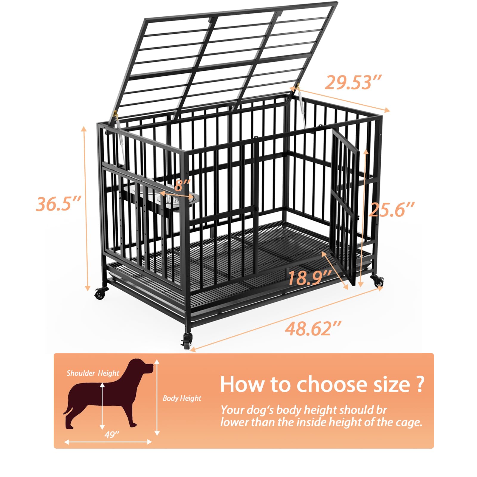 LOVMOR Heavy Duty 48" Dog Crate with Wheels, Alloy Steel, Black, Model NVLER24, Adjustable Bowls & Removable Tray, Extra Large XL XXL