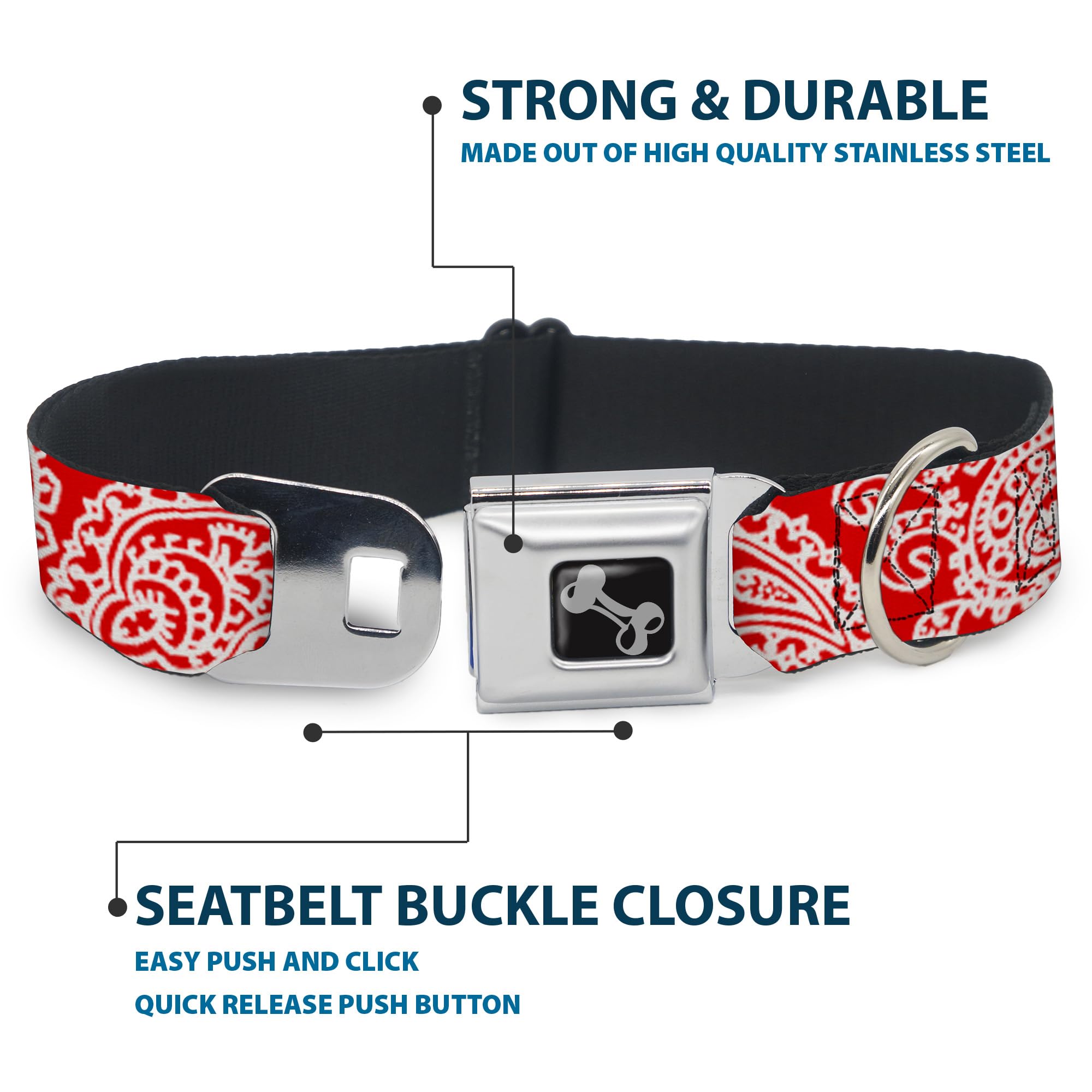 Buckle-Down Seatbelt Buckle Dog Collar - Bandana/Skulls Red/White - 1'' Wide - Fits 9-15'' Neck - Small