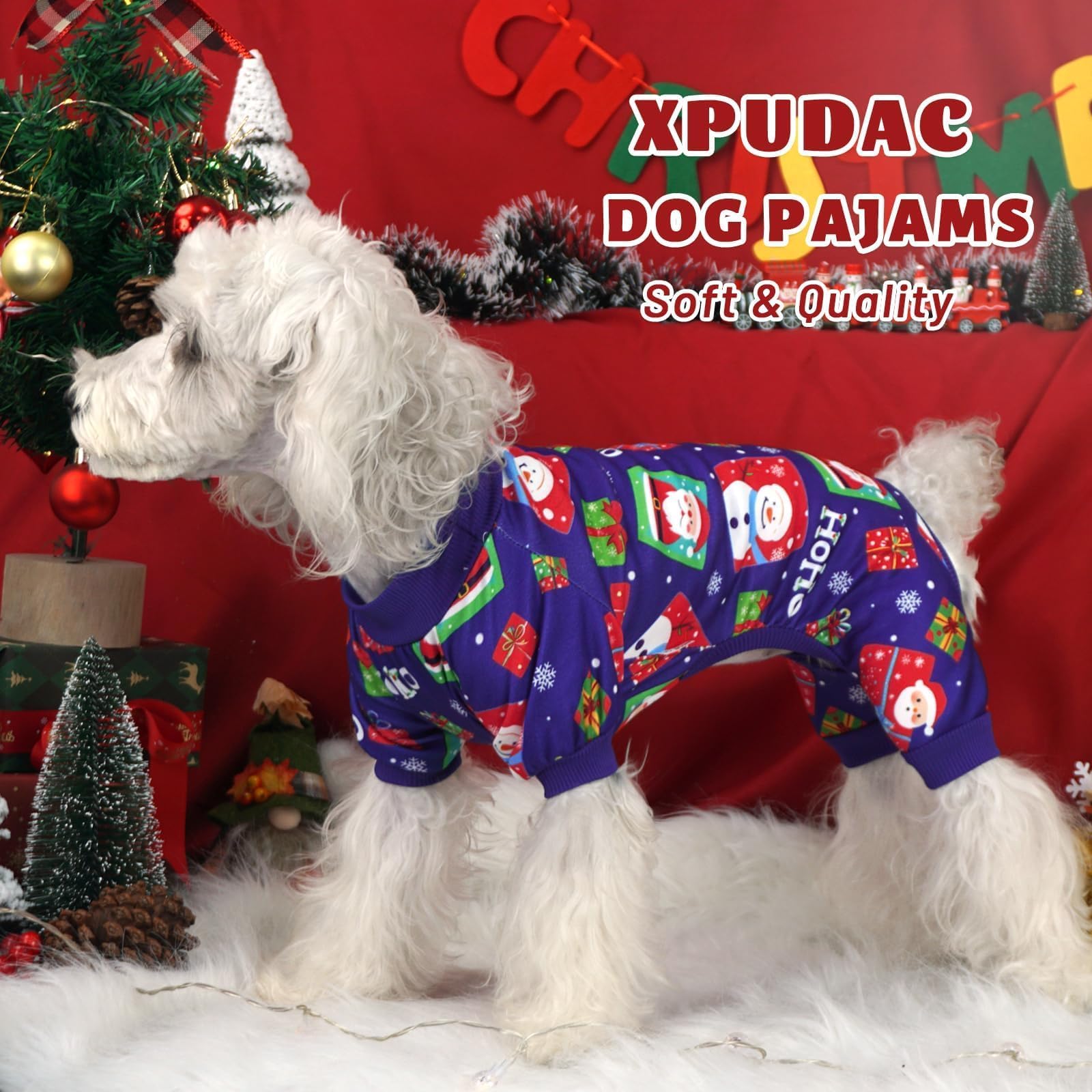 Xpudac 4 Pack Dog Christmas Pajamas Reindeer Puppy Clothes Cute Santa Claus Dog Pajamas Costumes Outfit Red Green 80-Lanlv-2Xl