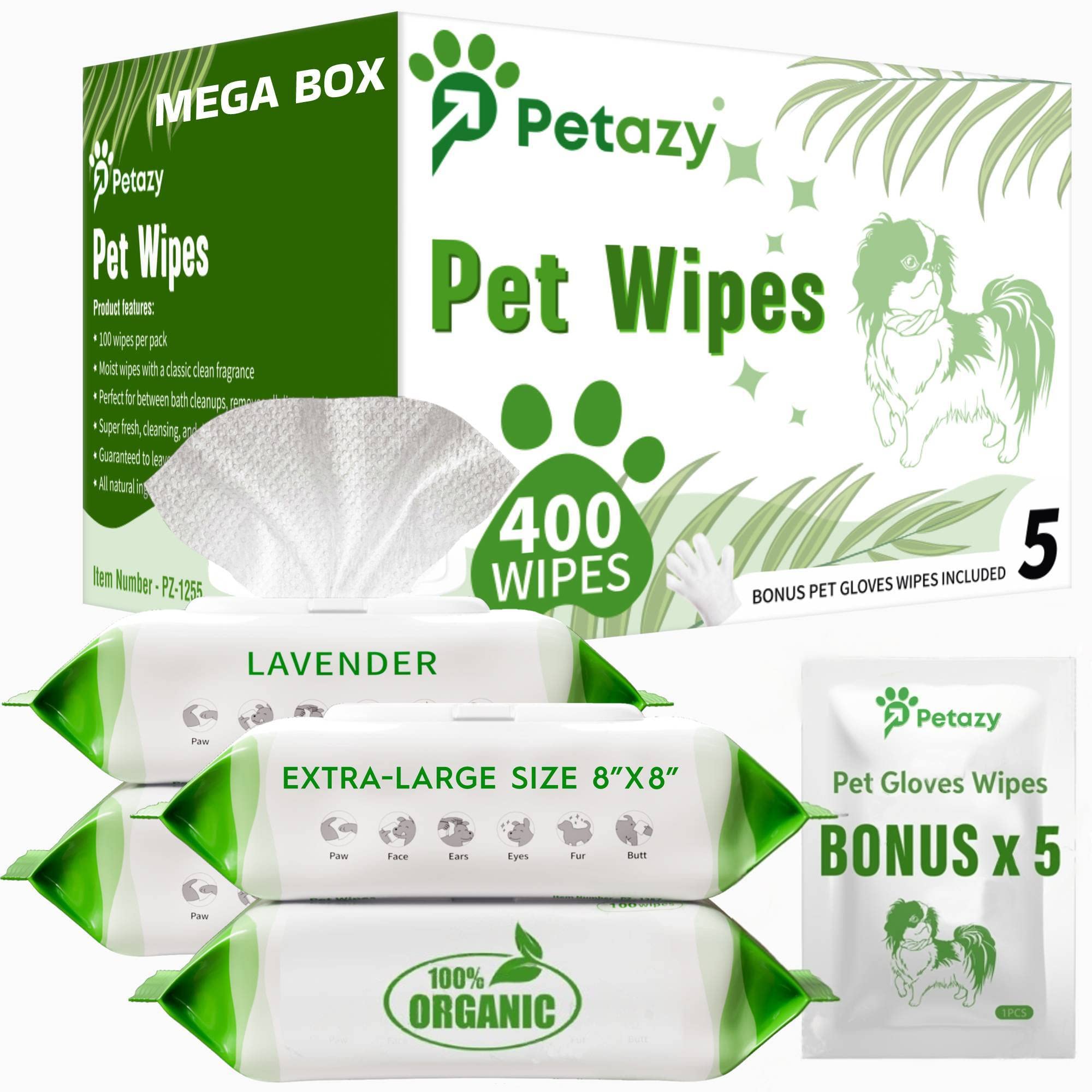 Petazy Dog Wipes for Paws and Butt Ears Eyes  Organic Pet Wipes for Dogs  Lavender Scented Dog Wipes cleaning Deodorizing  Extra