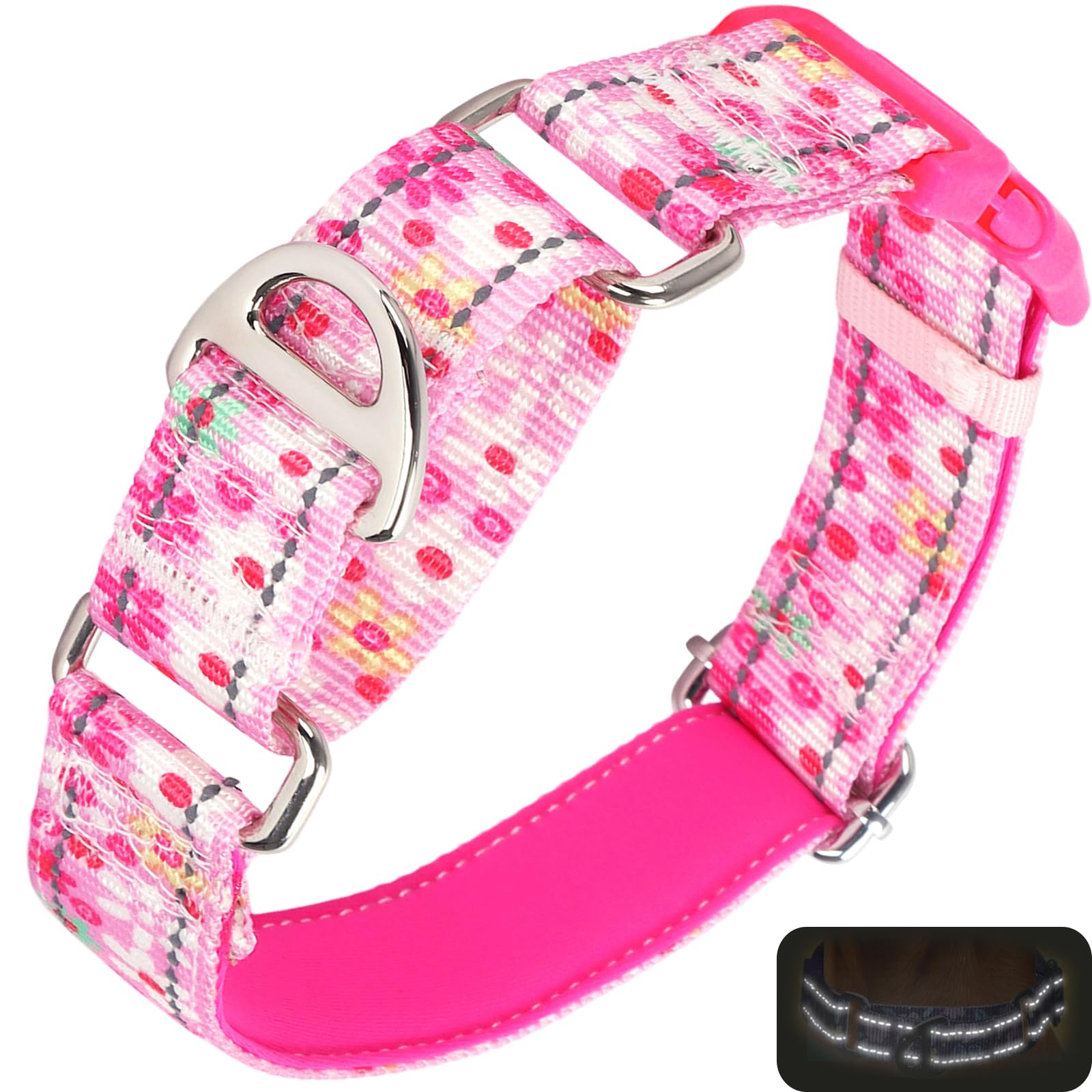 Onefojojo Pink Floral Martingale Dog Collars For Dogs, Reflective Nylon Dog Collar With Buckle Adjustable Training, Walking, Hun