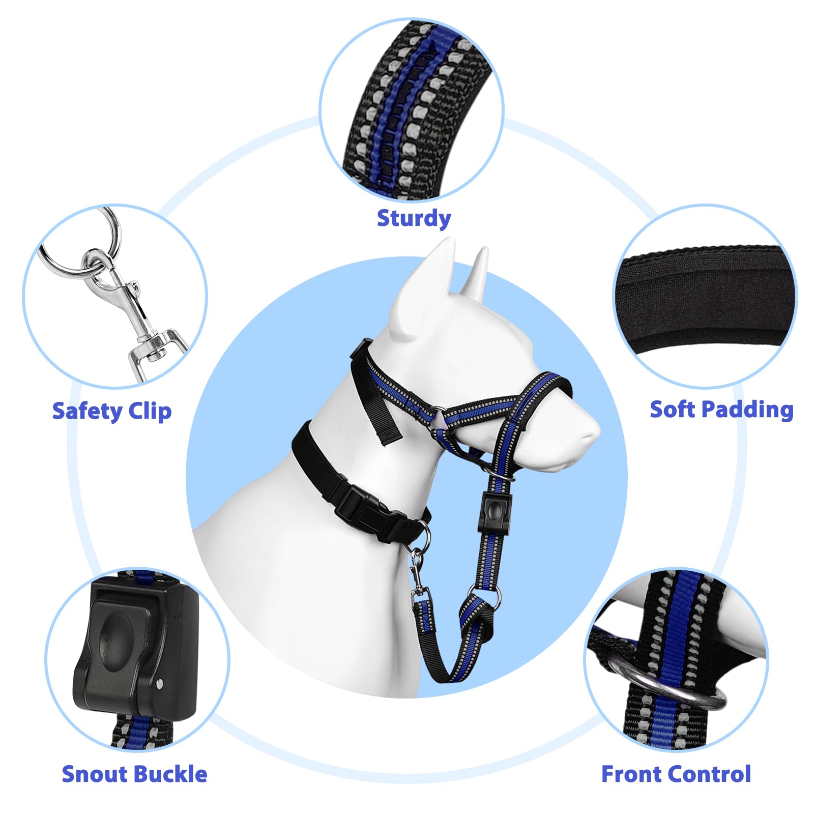 BARKLESS Soft Dog Head Collar, No Pull Halter for Medium Large Dogs, Adjustable XL (Snout 12"-17.5"), Blue, Model B-headcollar-knot