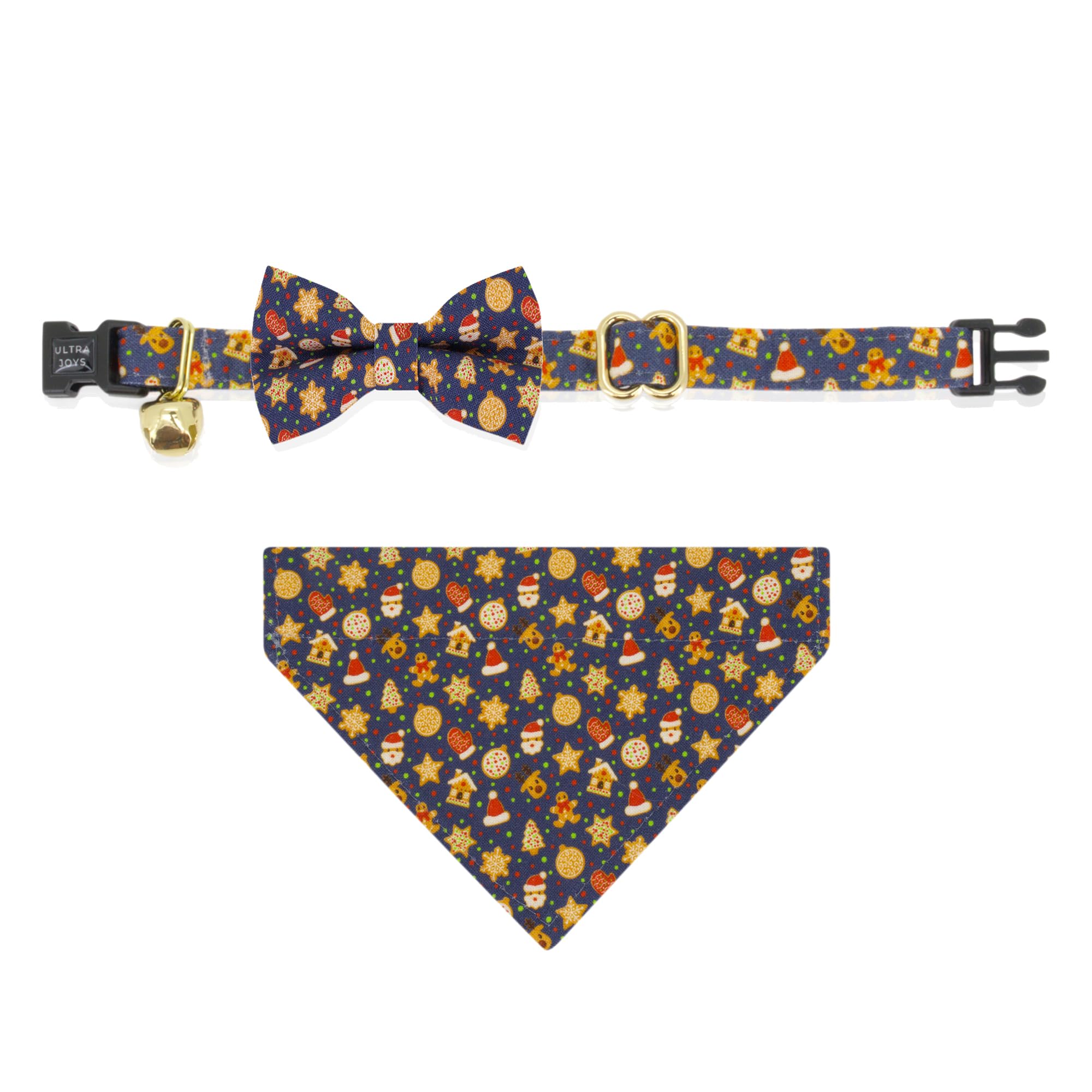 Ultra Joys Cat Collar With Bells - Breakaway For Kittens & Cats - Break Away Collar With Bandana And Bowtie Gingerbread Man Larg