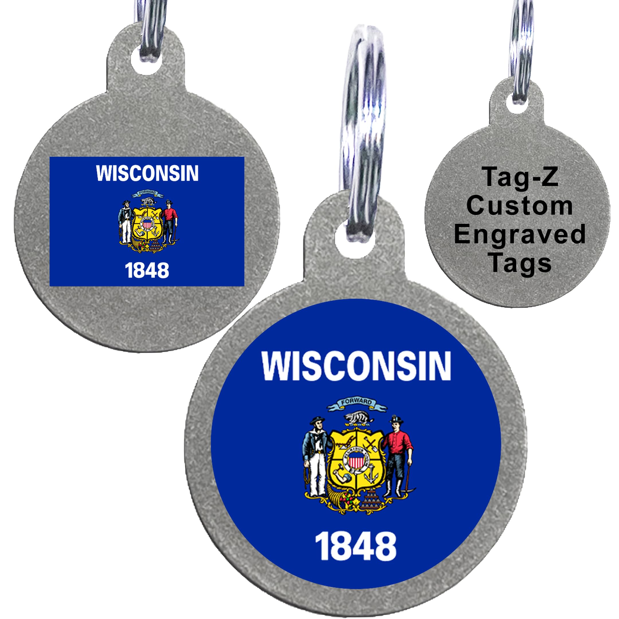 Wisconsin Flag Pet Id Tags, Custom Printed And Laser Engraved Circle