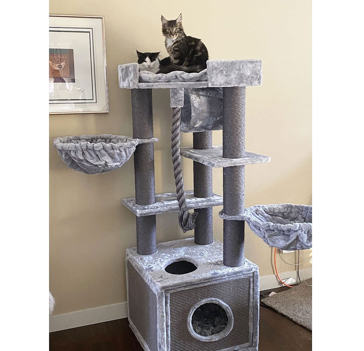 CozyCatFurniture Heavy Duty Cat Tree for Big Cats, 65" Gray Cat Tower with Two Hammocks and Huge Condo