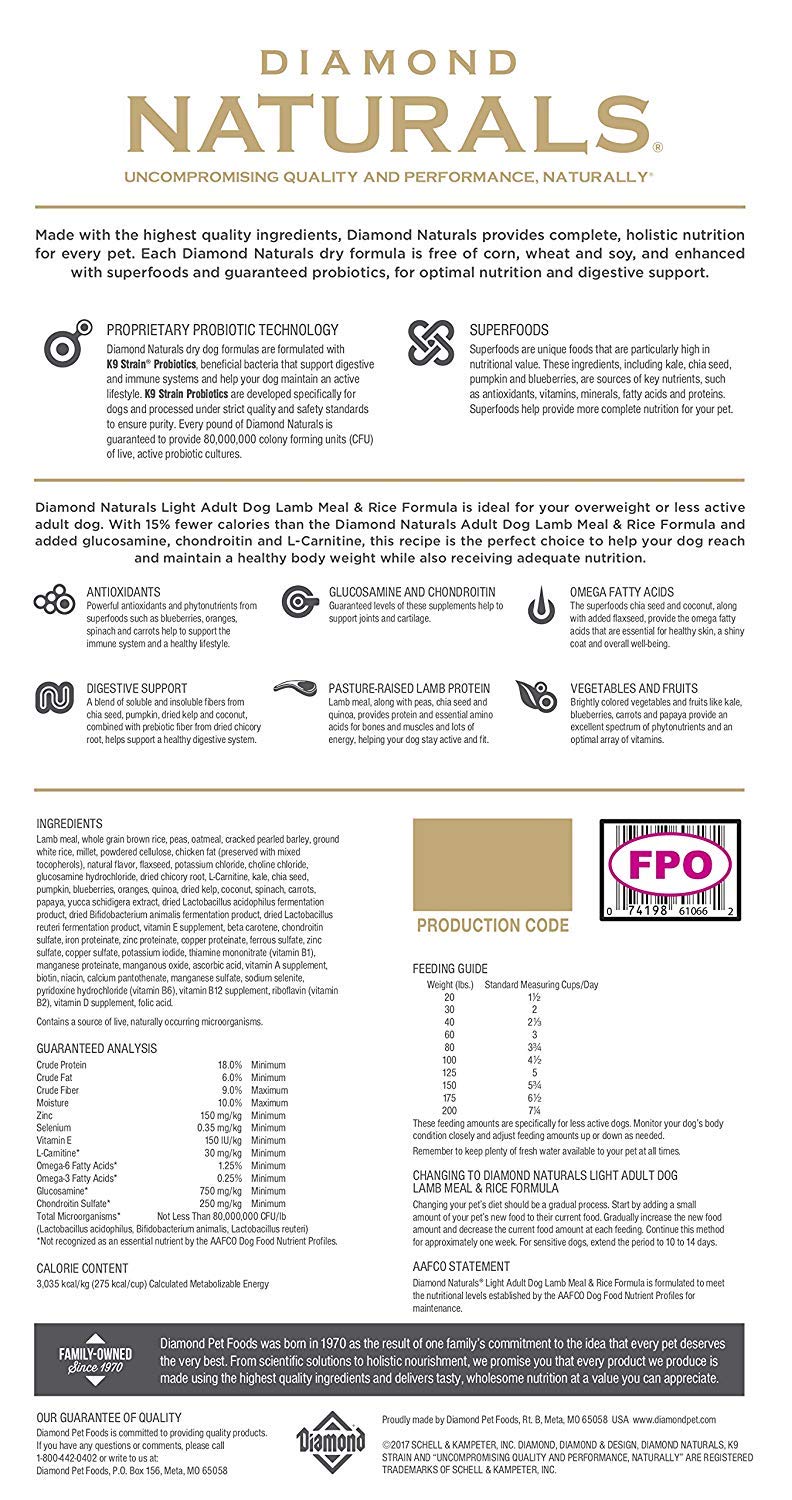 Diamond Naturals Light Real Meat Recipe Premium Dry Dog Food To Help Support Weight Management With Real Pasture Raised Lamb Pro