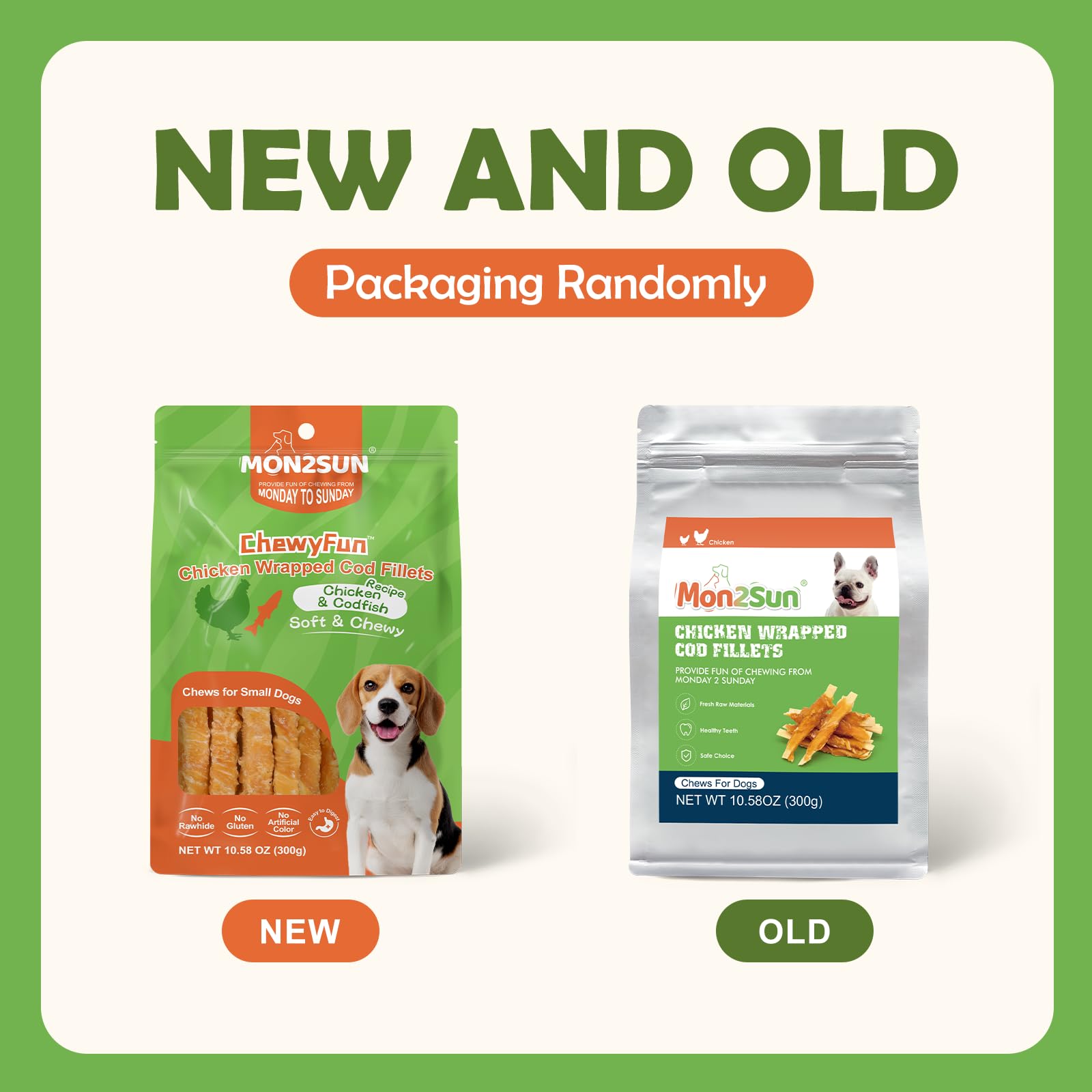 MON2SUN Rawhide Free Dog Treats, 4 Inch Chicken Wrapped Cod Fillet Dog Snacks for Small Dogs, Soft and Training Treats, 10.58oz