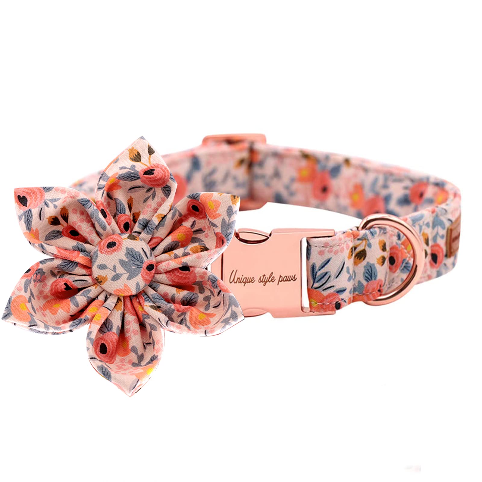 Uniqe Style Paws Flower Dog Collar, Peach Rose Adjustable Girl Dog Collar With Flower, Durable Floral Pattern Pet Collar For Medium Female Dogs