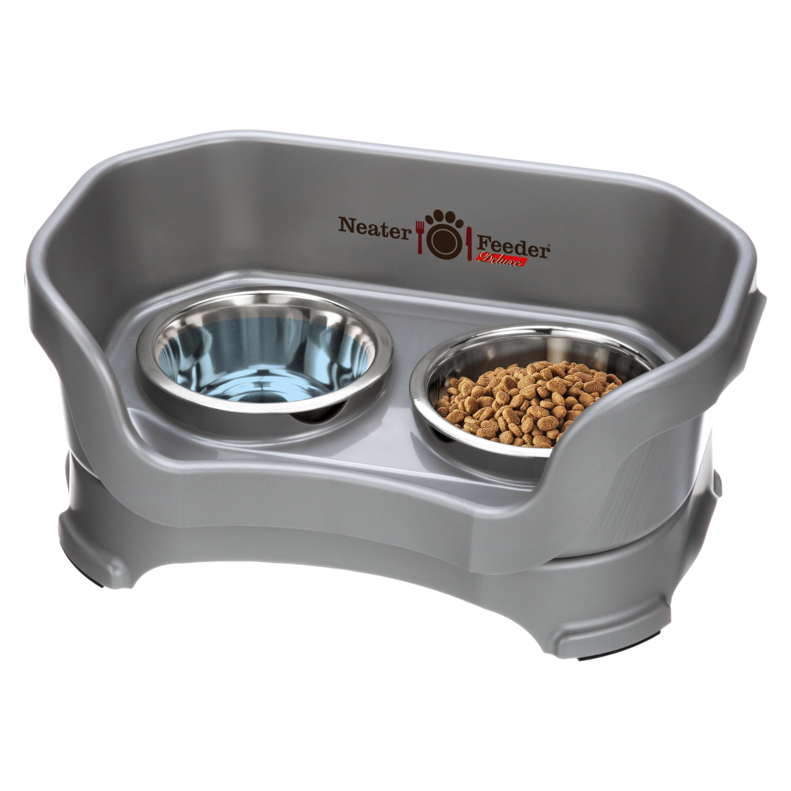 Neater Feeder - Deluxe Model - Mess-Proof Cat Bowls (Cat, Gunmetal Grey) - Made in USA - Elevated, No Spill, Non-Tip, Non-Slip, 