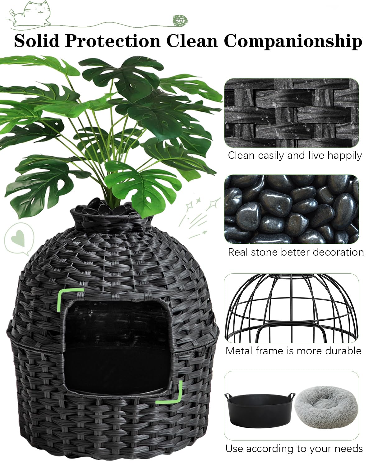 SETVSON Cat Litter Box Plant Furniture Enclosure, Black Handwoven Rattan with Odor Control, Fits Living Room & Bedroom