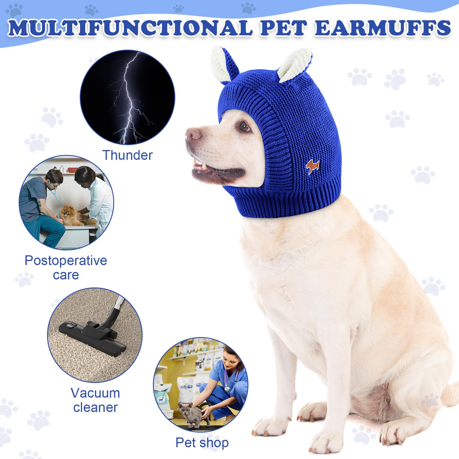Quiet Ears For Dogs, Dog Ear Muffs Noise Protection Knitted Pet Ears Snood Head Wrap Hats For Medium To Large Cats Pets(Royal Bl