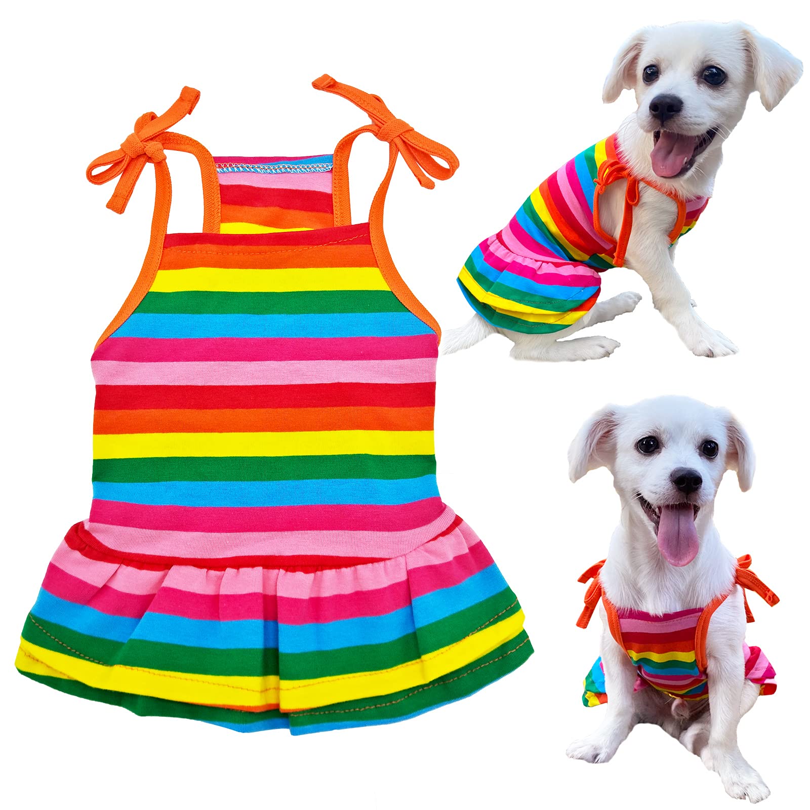 Lkex Dog Shirt Rainbow Striped Puppy Dresses Clothes Colorful Pet Sleeveless Vest T-Shirt, Summer Skirt Cute Girls Tether Dress Outfits For Small Medium Dogs Cat Top Costume Breathable Apparel Xs