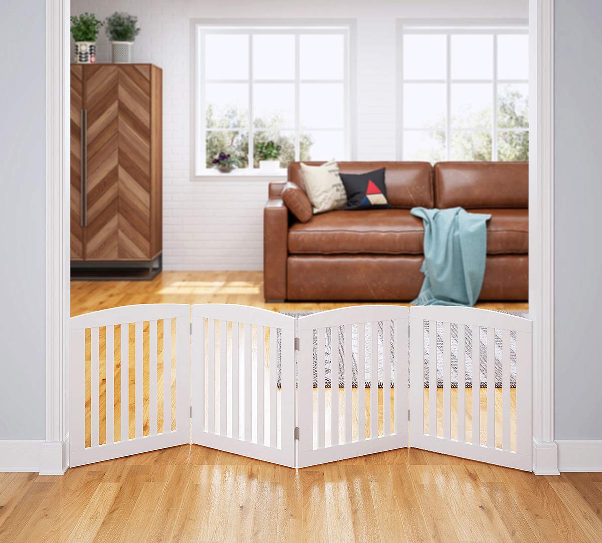 PAWLAND Wooden Pet Gate - 24" Height, 4 Panels, Foldable Dog Barrier for Doorways & Stairs, White