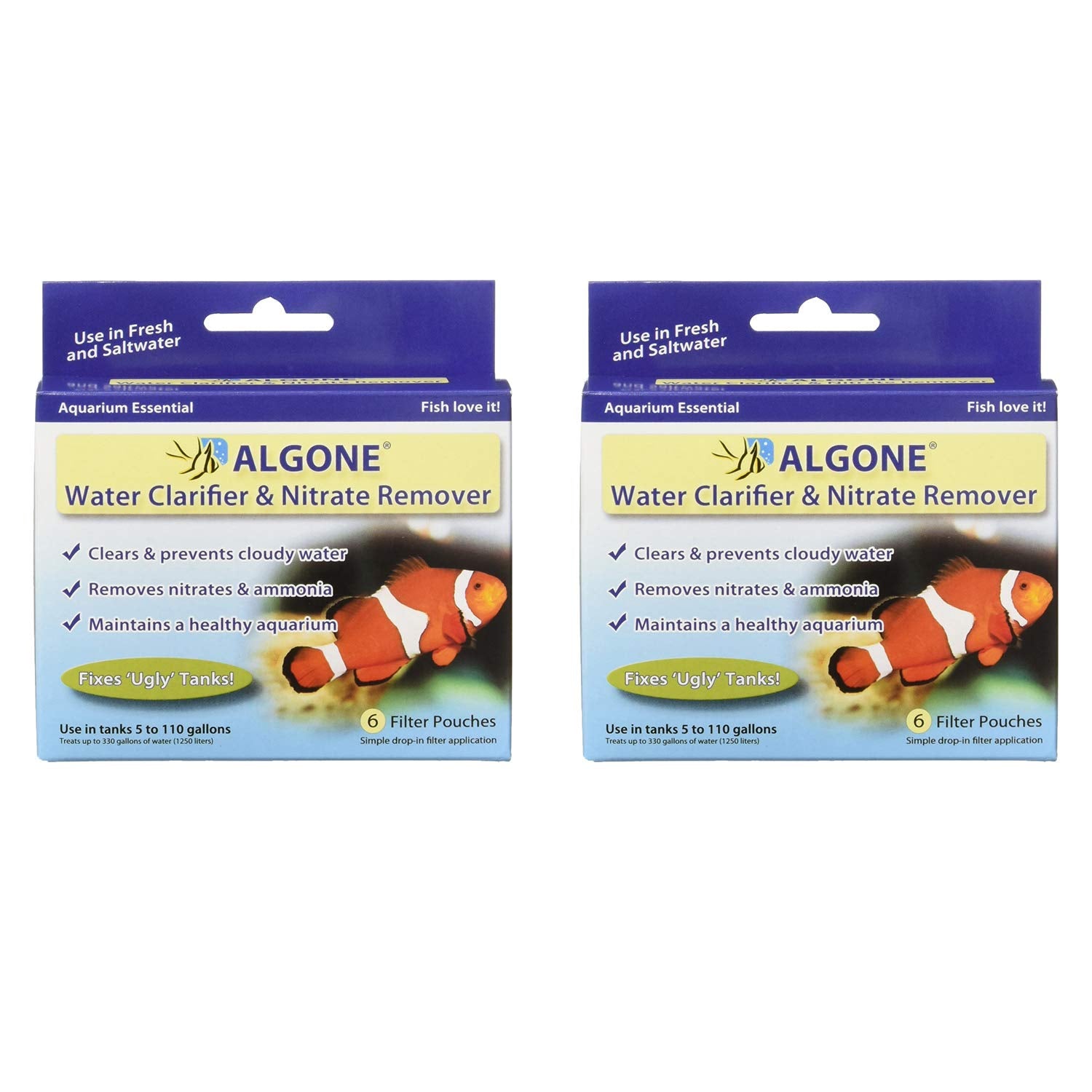 Algone Aquarium Water Clarifier And Nitrate Remover, 6 Filter Pouches - 2 Pack
