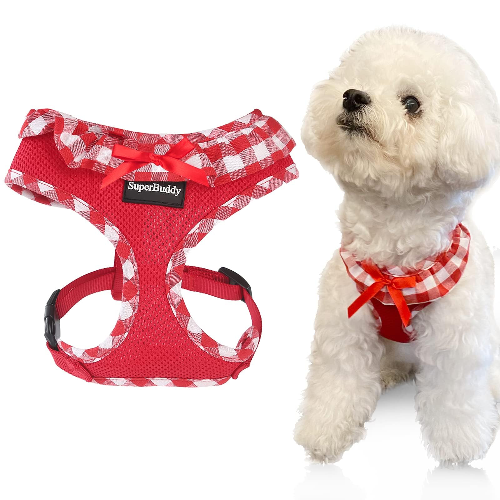 SuperBuddy Upgraded Soft Mesh Dog Harness, Super Breathable Lightweight Pet Harnesses for Puppy Dogs Outdoor Walking, Red Dog Ha
