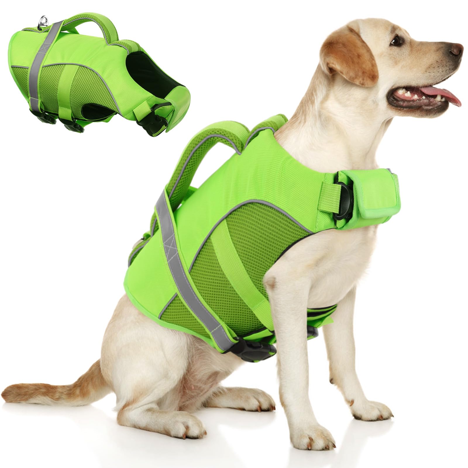 Queenmore Adjustable Ripstop Dog Life Vest For Swimming & Boating, Dog Lifesaver With Superior Buoyancy & Rescue Handle, Green, 