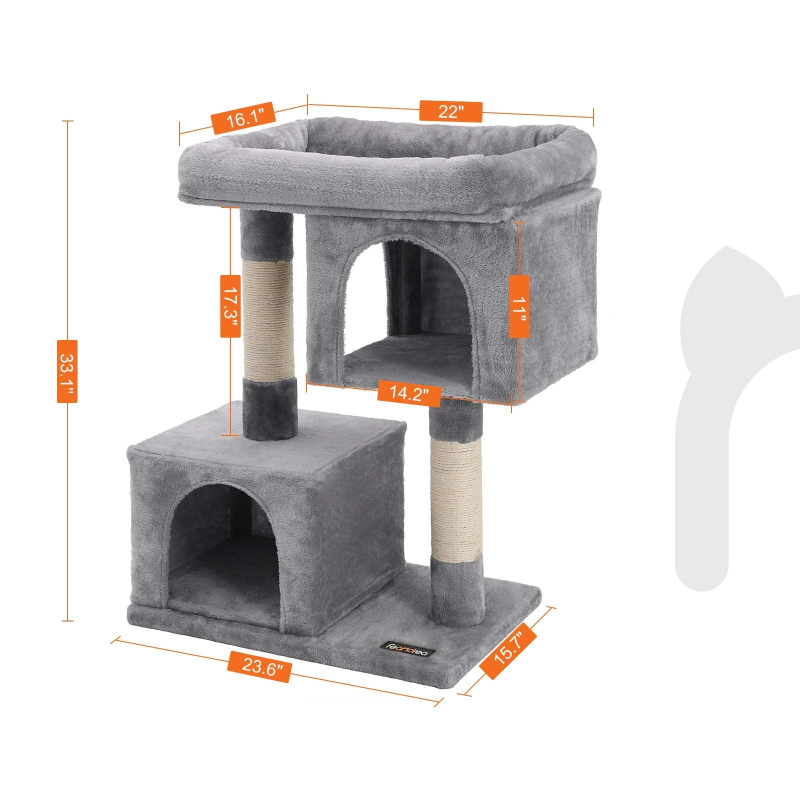 Feandrea Cat Tree, 33.1-Inch Cat Tower, Large for Cats up to 16 lb, Light Gray, 2 Cat Caves, Scratching Post, Model UPCT61