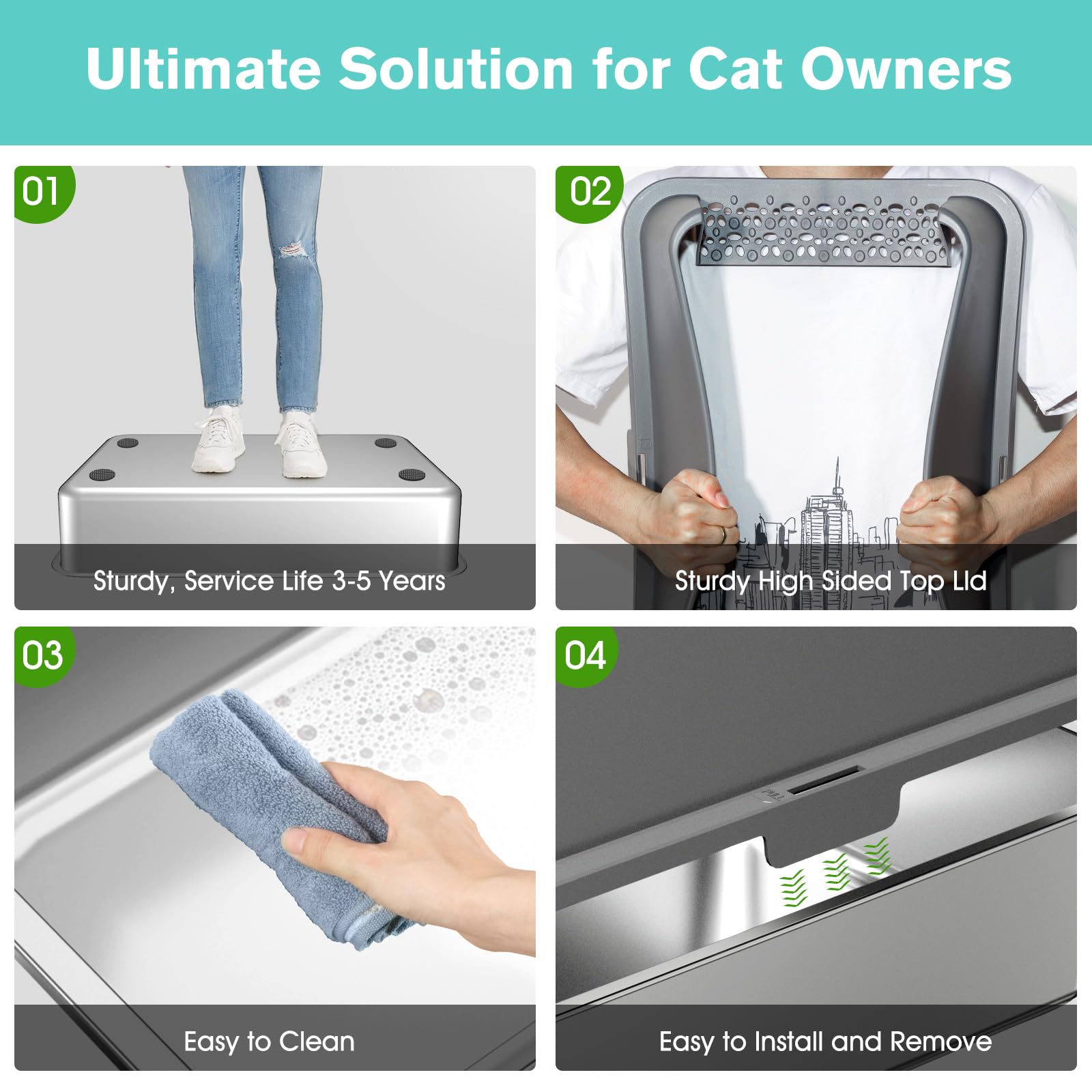 ICYAIR Stainless Steel Cat Litter Box 2PACK XL Anti-Leakage Dark Grey