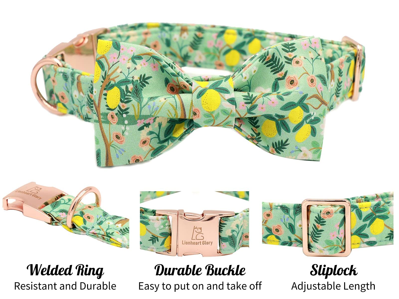Lionheart Glory Premium Floral Dog Collars, Bowtie Dog Collar, Adjustable Heavy Duty Girl Dog Collar With Bow For Small Dogs