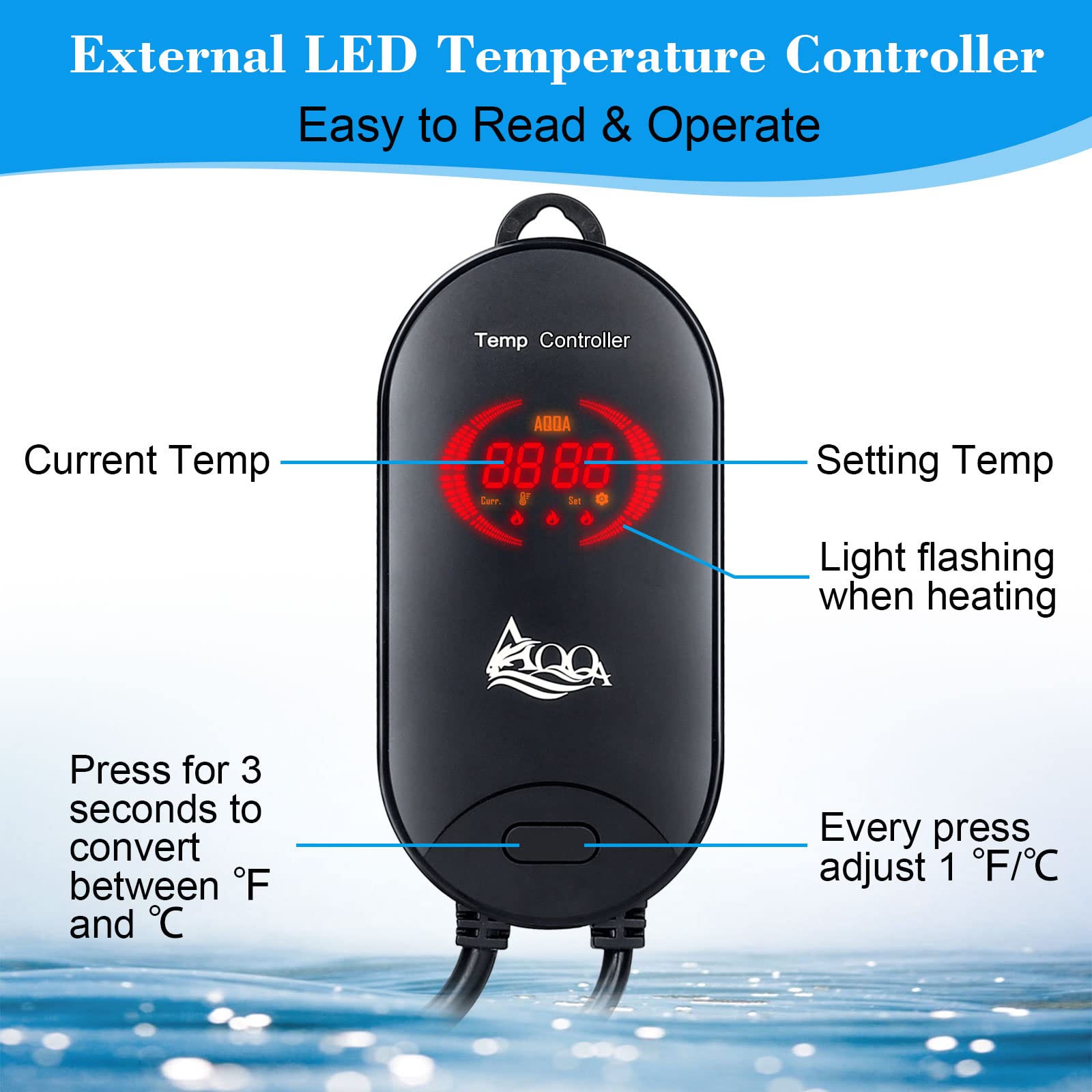 AQQA 800W Submersible Aquarium Heater for 80-220 Gallon Fish Tanks - Ideal for Freshwater & Saltwater, Model GUS-AQ029