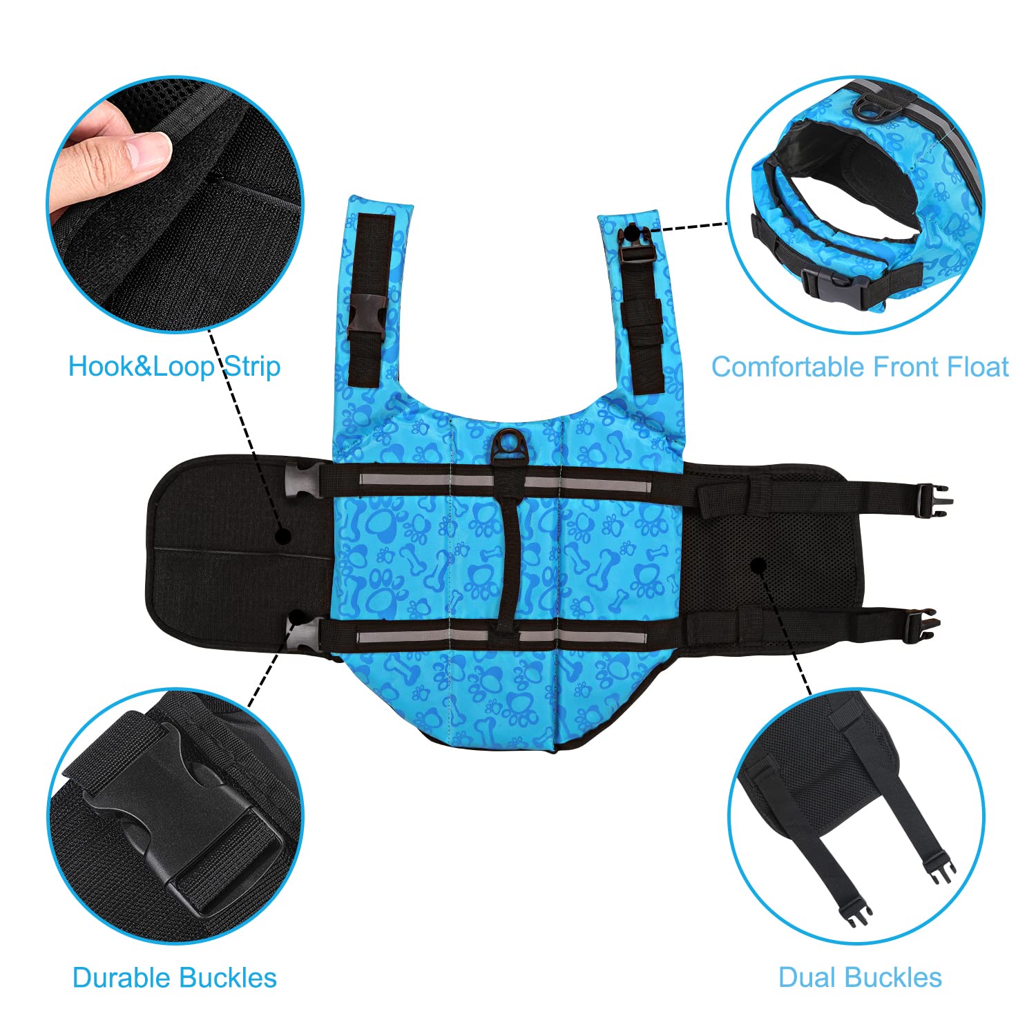 Haocoo Dog Life Jacket Vest Saver Safety Swimsuit Preserver With Reflective Stripes/Adjustable Belt Dogs?Blue Bone,L