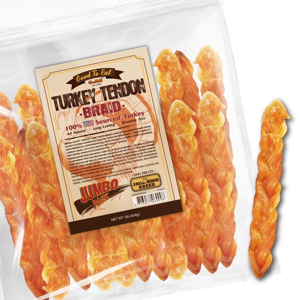 Gootoe Turkey Tendon Dog Treats, Braid (M) 1 lb, 100% USA Sourced Turkey, Natural Snack, Premium Puppy Chews, Hypoallergenic, Ra