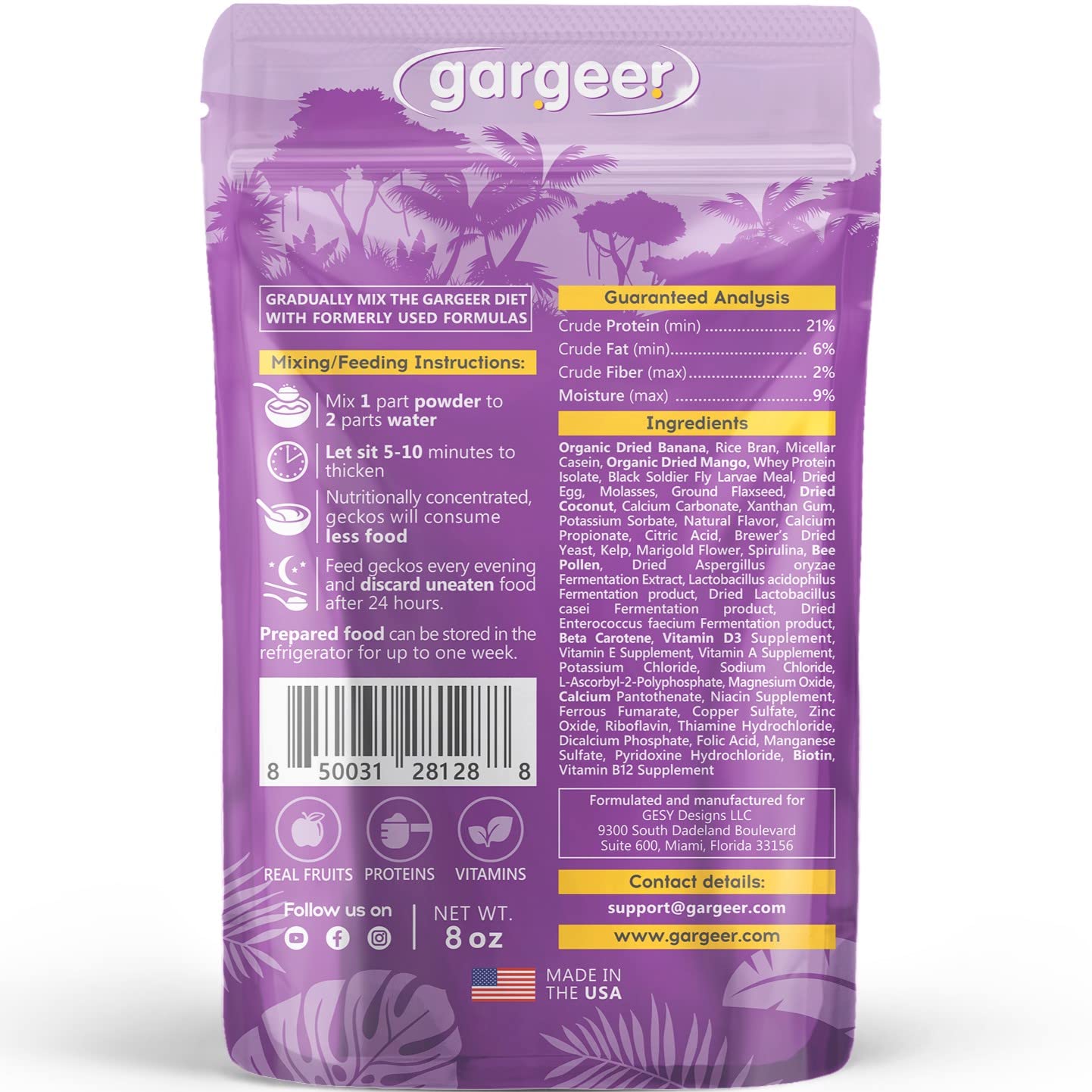 Gargeer 8oz Complete Crested Gecko Food Diet. Premium Mix, Ready to Use Freshly Made Powder. Unique Formula, Developed & Made in