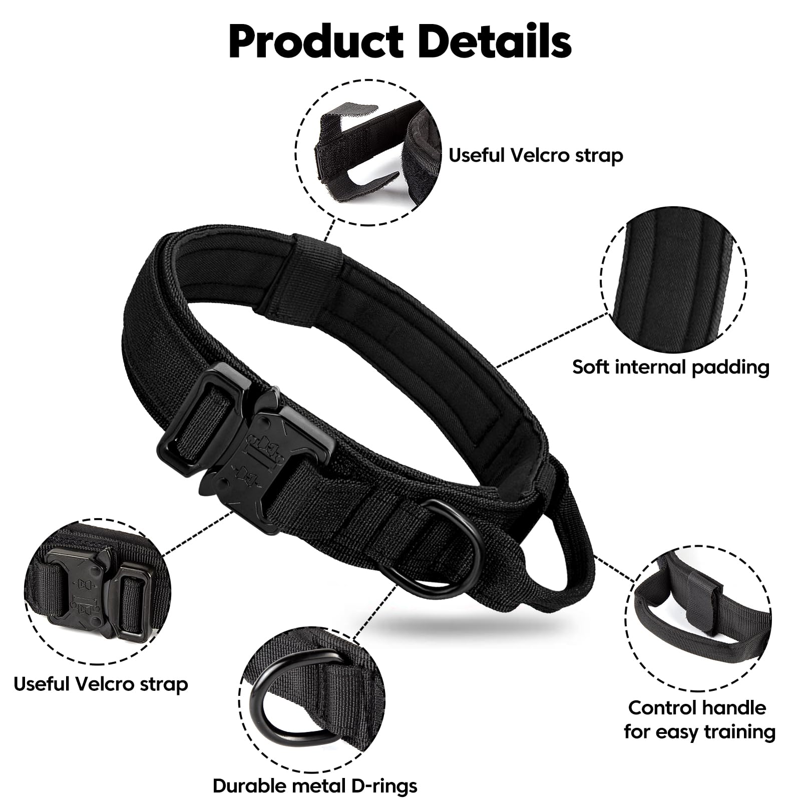 Tactical Military Dog Collar - Adjustable Nylon With Control Handle & Heavy Metal Buckle For Medium & Large Dogs - Airtag Case (