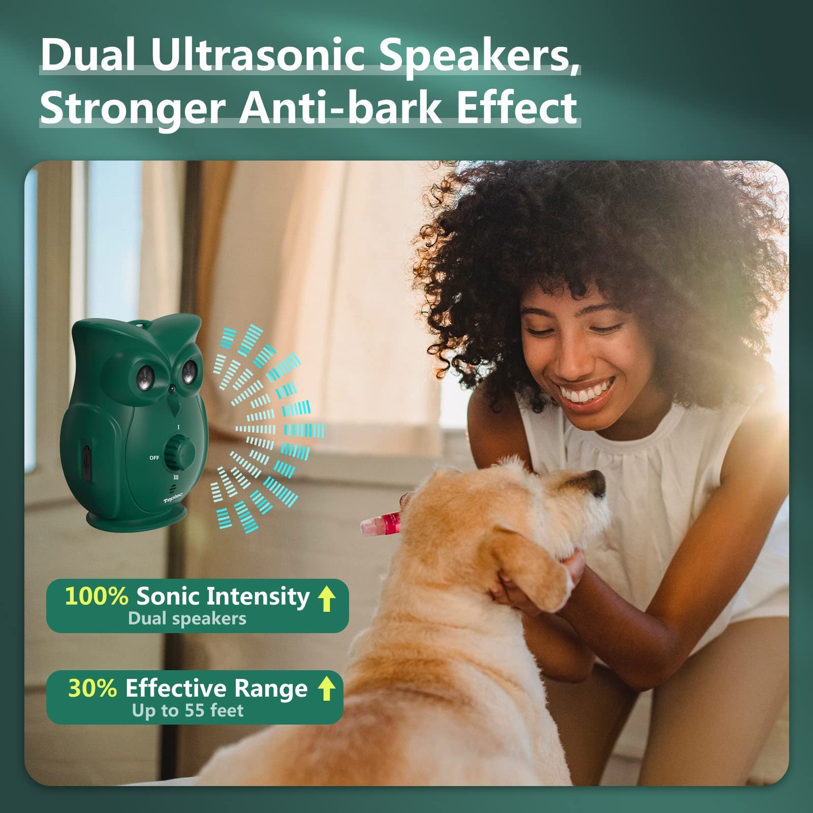 Teptec Dog Barking Control Devices With Dual Ultrasonic Speakers, Stronger Rechargeable Anti-Bark Device For Outdoor Waterproof And Indoor, Dog Barking Deterrent Safe For Human & Dogs