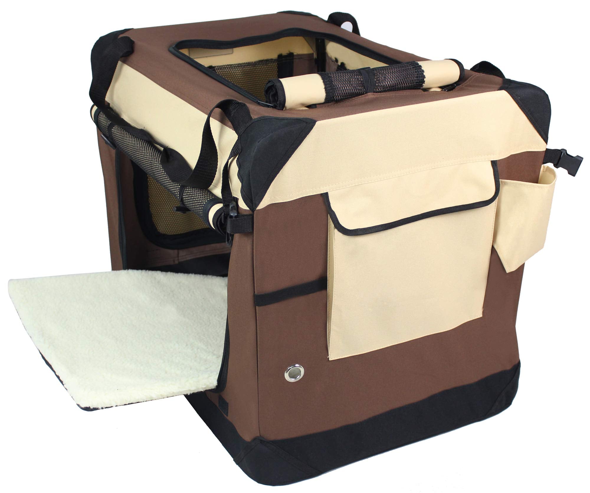 Elitefield 4-Door Folding Soft Dog Crate With Curtains, Carrying Bag And Fleece Bed (2 Year Warranty), Indoor & Outdoor Pet Home (36' L X 24' W X 28' H, Brown+Beige)
