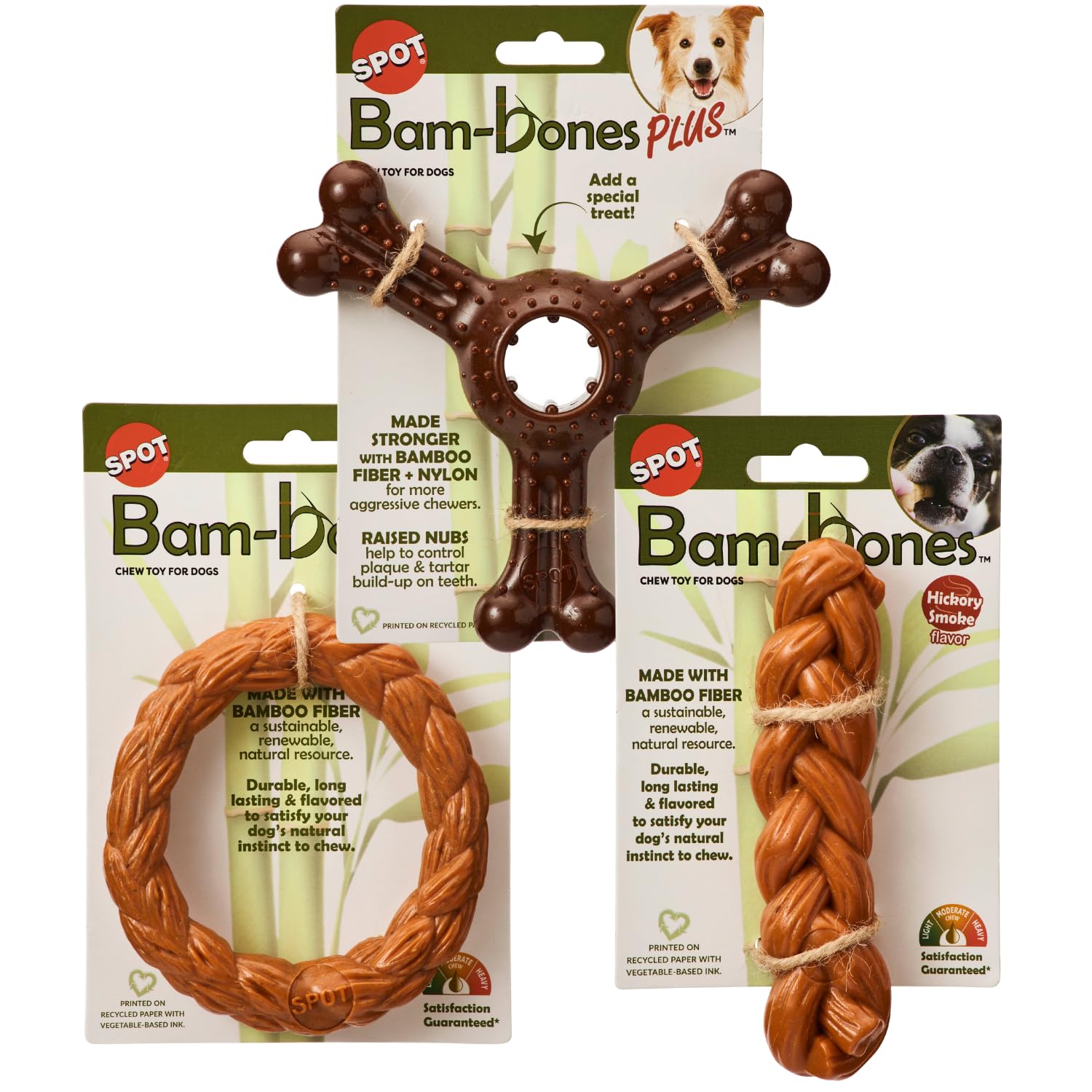 Spot By Ethical Products - Bambone Braided Stick, Ring, Triple Chew Toy, Hickory And Bison Flavored Dog Toys Holiday Shopping Fo