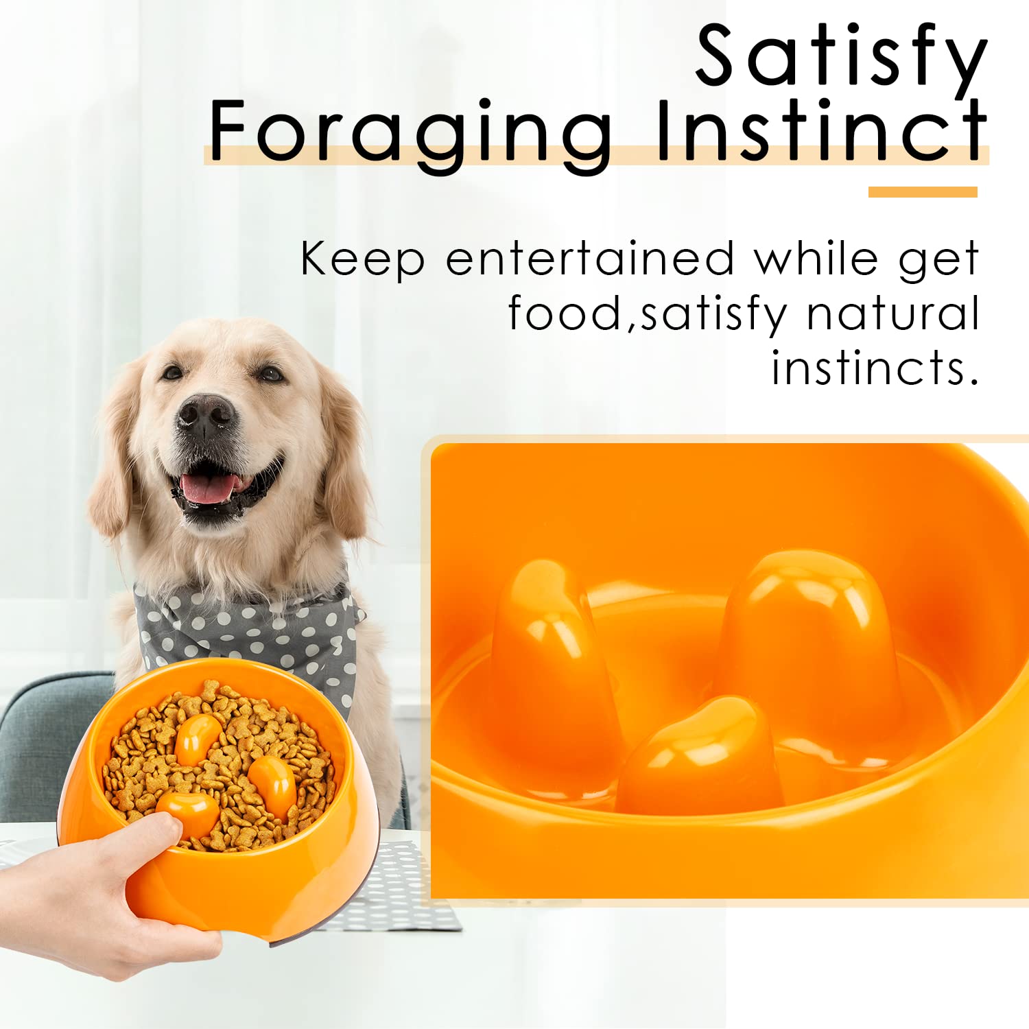 Super Design Slow Feeder Dog Bowl - 1.5 Cup, Non-Slip, Heat-Resistant, Orange, Stainless Steel, for Medium to Large Dogs