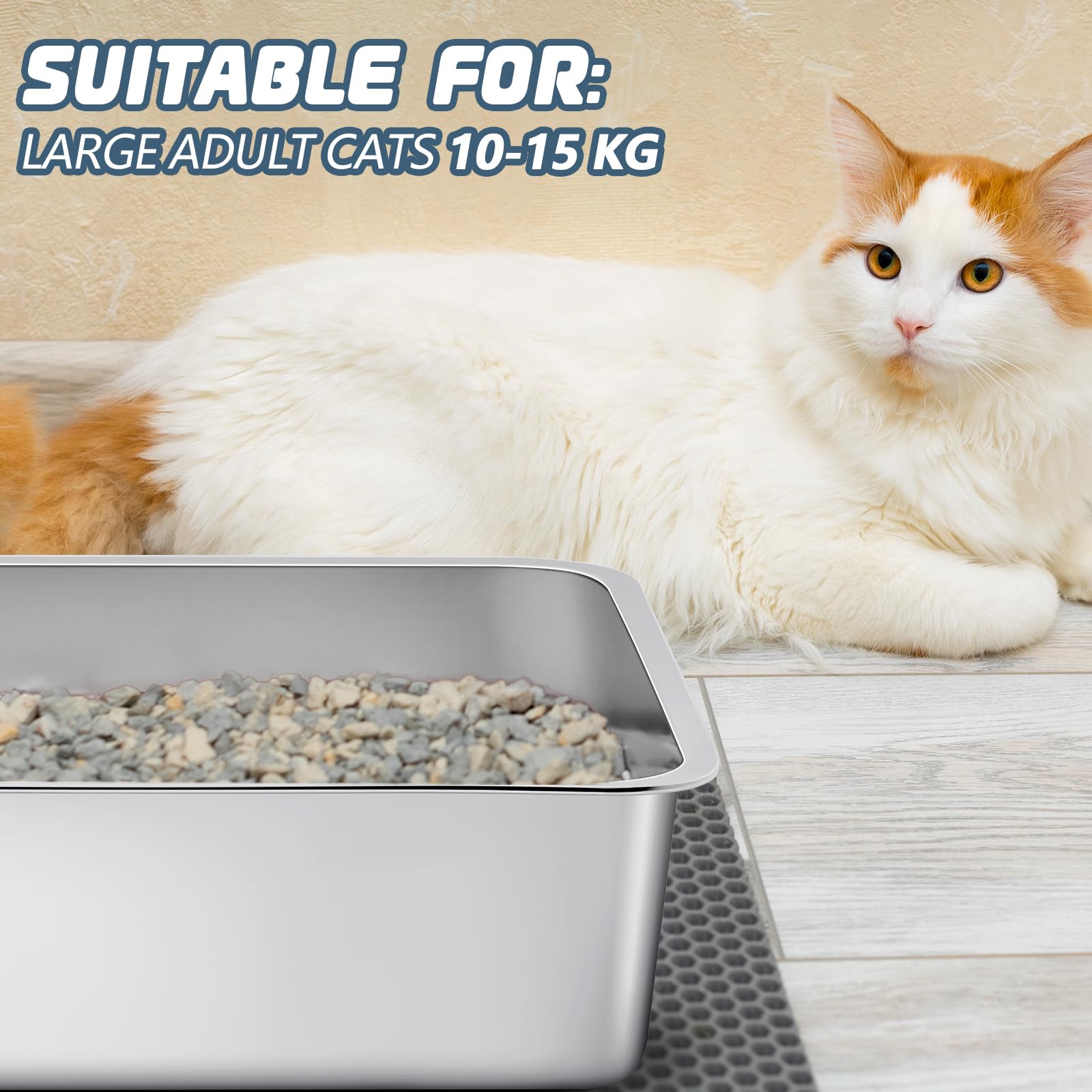 Tioncy Stainless Steel Cat Litter Box - Extra Large 23.5x15.5x6 Inch, Non-Stick, Rustproof, High Sides, Silver Finish