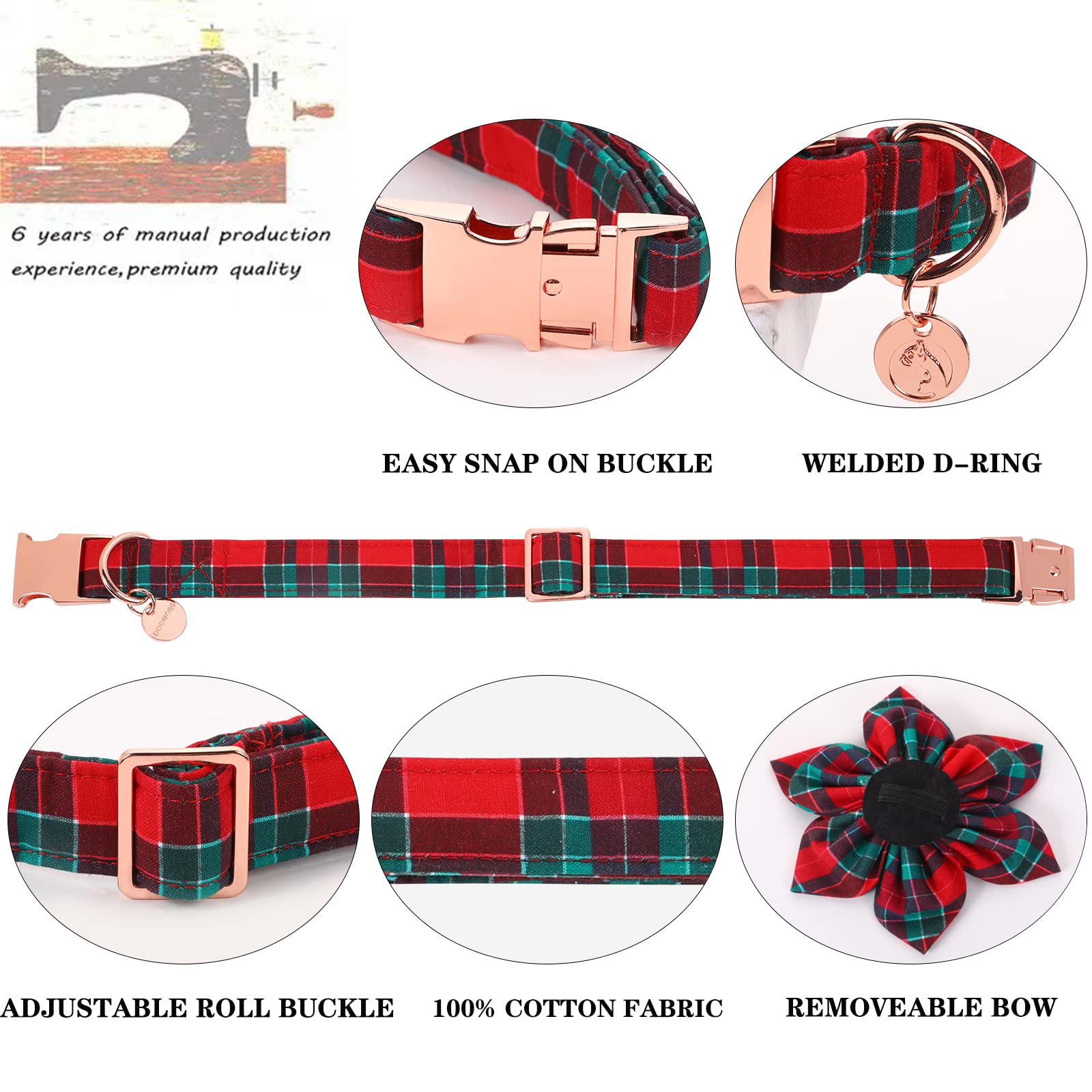 Dogwong Christmas Dog Collar With Flower, Red Plaid Dog Collar Soft Durable Adjustable Cotton Red Green Tartan Puppy Collar For