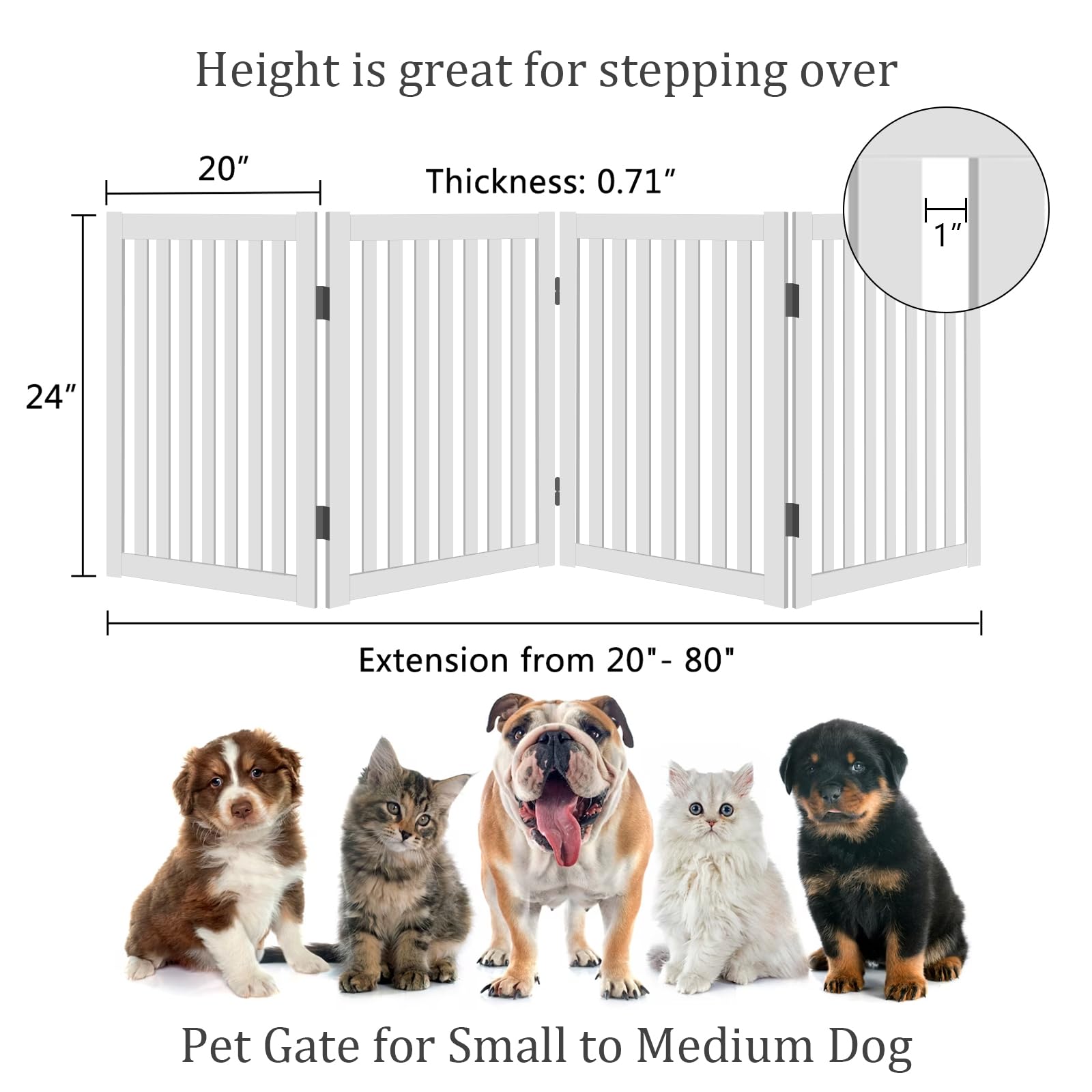 WELLAND Wooden Freestanding Pet Gate, 4 Panel 24 Inch Step Over Fence, Expands Up to 80 '' Wide, Foldable Indoor Dog Gate Puppy