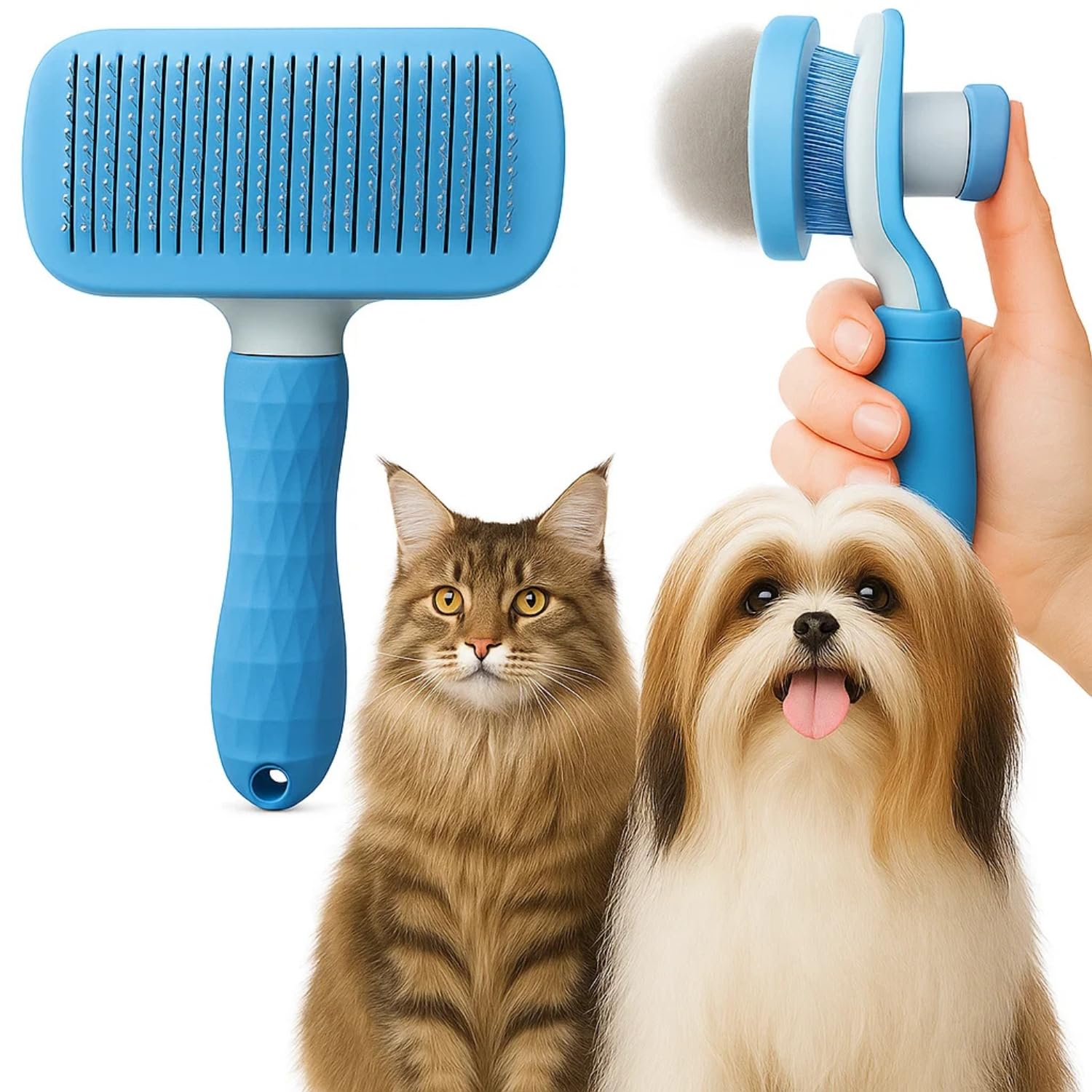 Sage Square Self Cleaning Rectangle Brush For Dogs & Cats | Heavy Duty Deshedding Tool With Back Button | Rubberised Handle | Gr