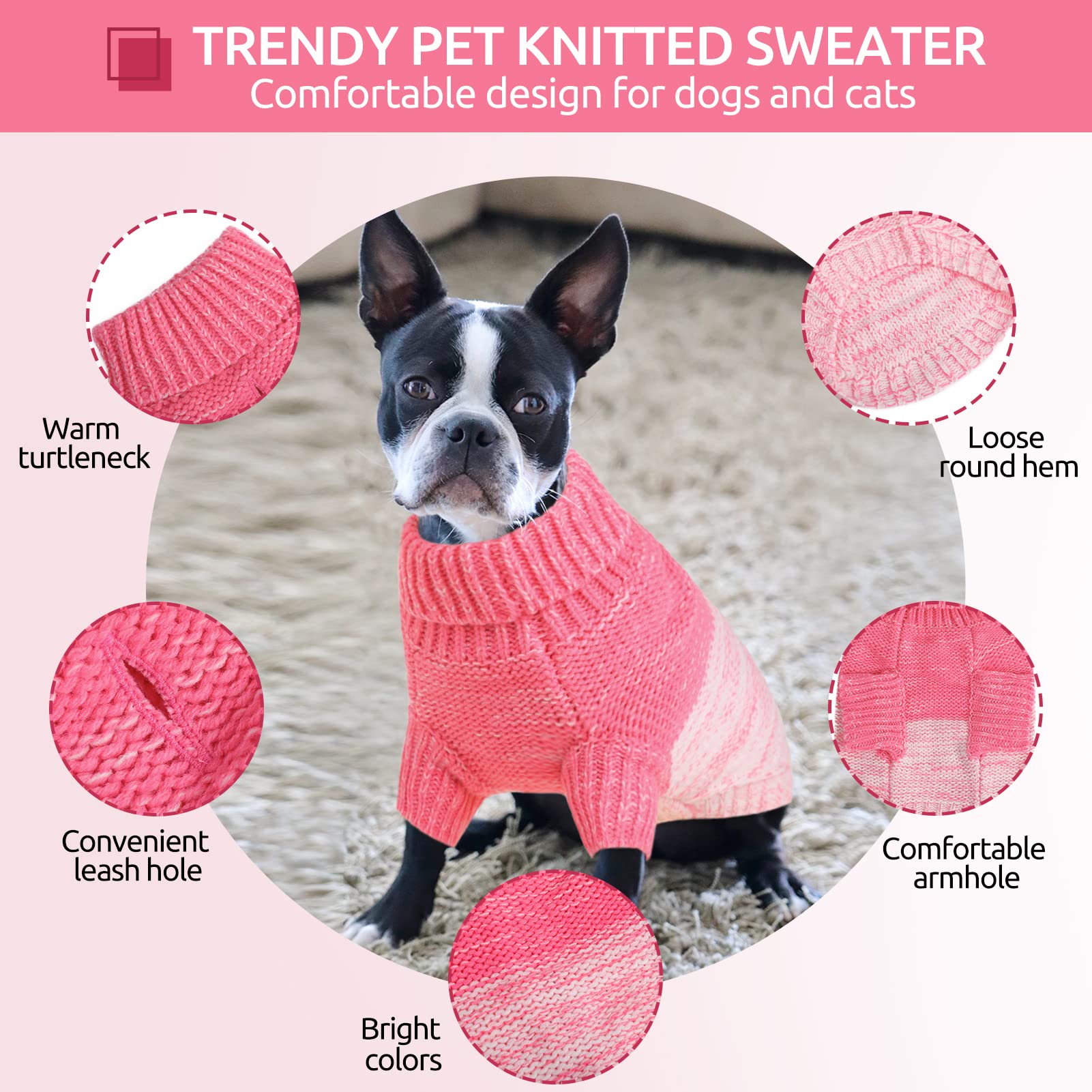 Queenmore Knitted Pullover Dog Sweater, Turtleneck Pet Cat Sweater, Cold Weather Puppy Sweater Stitching Knitwear With Leash Hole For Small Medium Dogs