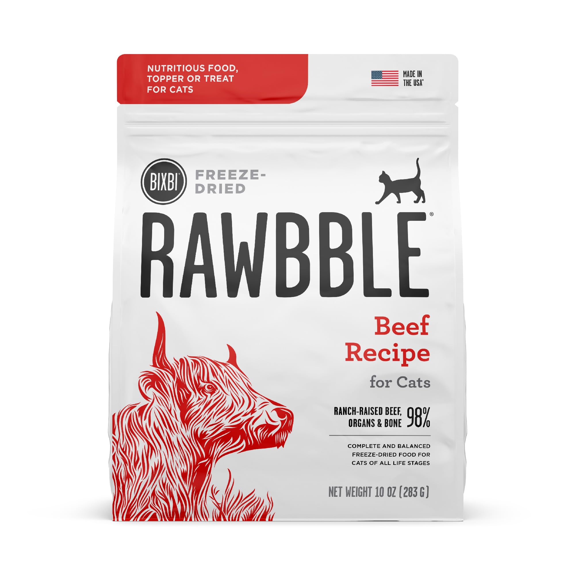 BIXBI Rawbble Freeze Dried Cat Food, Beef Recipe, 10 oz - 97% Meat and Organs, No Fillers - Pantry-Friendly Raw Cat Food for Mea