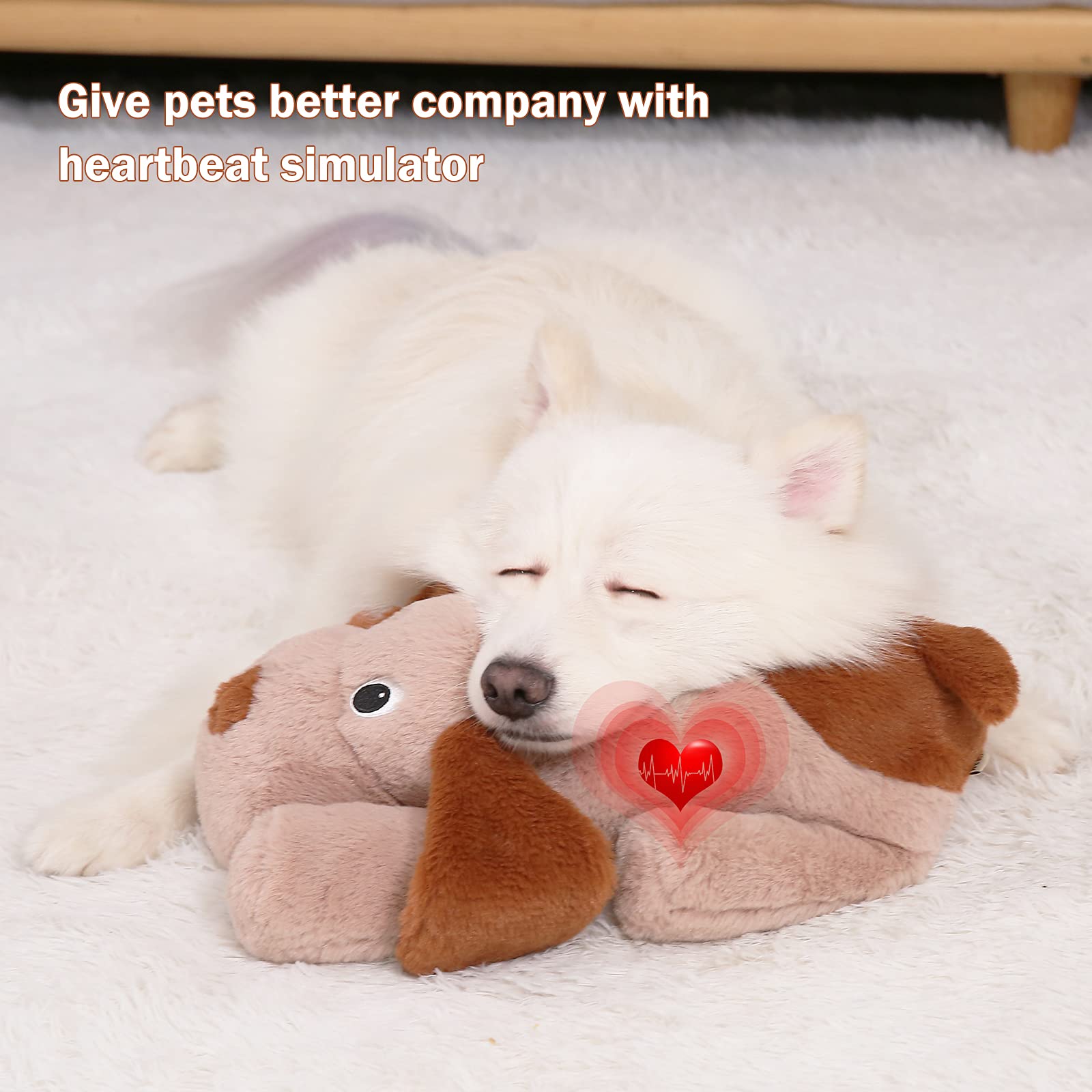 WEOK Puppy Heartbeat Toy, Plush Anxiety Relief for Dogs & Cats, Brown