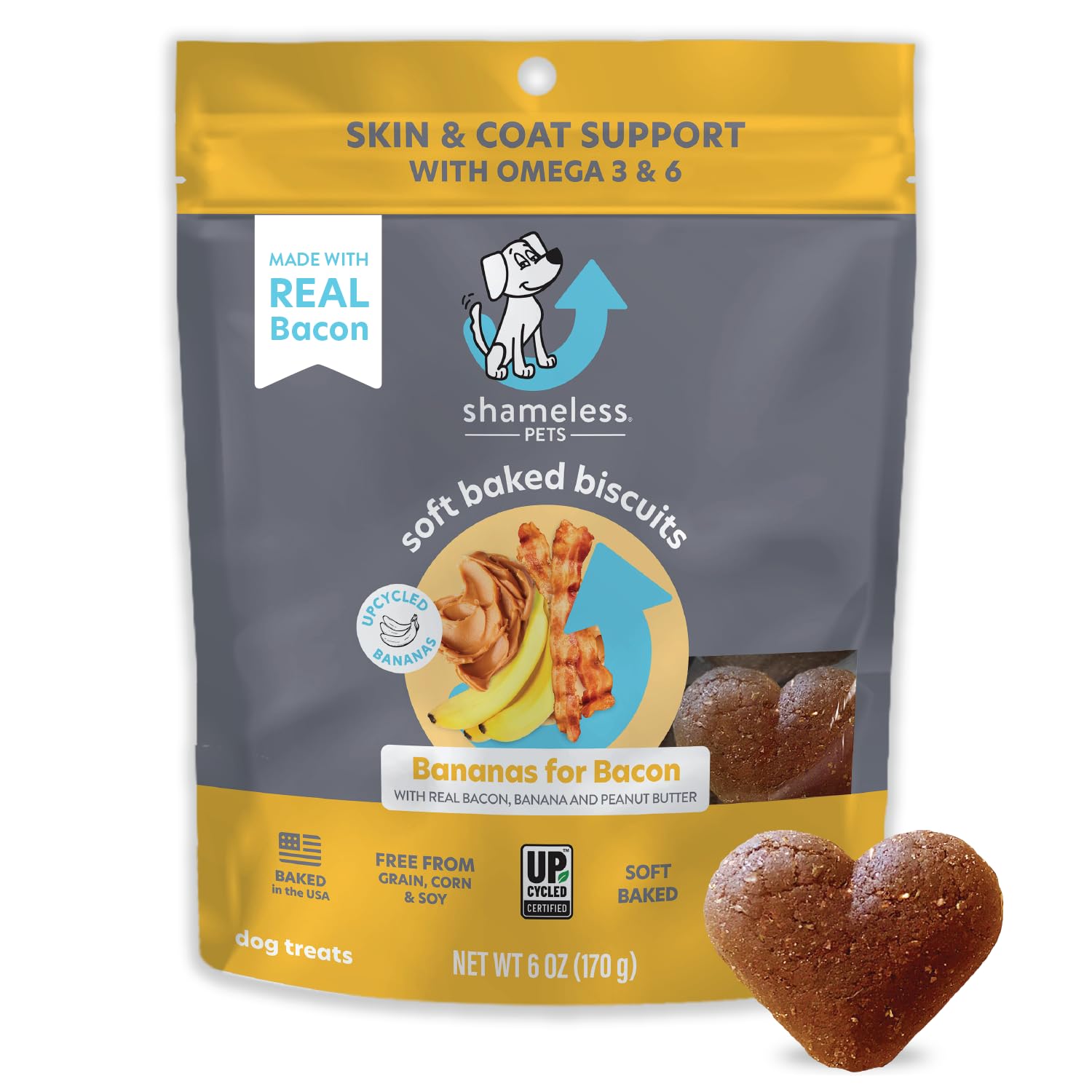 Shameless Pets Soft-Baked Dog Treats, Bananas for Bacon - Natural & Healthy Dog Chews for Skin & Coat Support with Omega 3 & 6 -