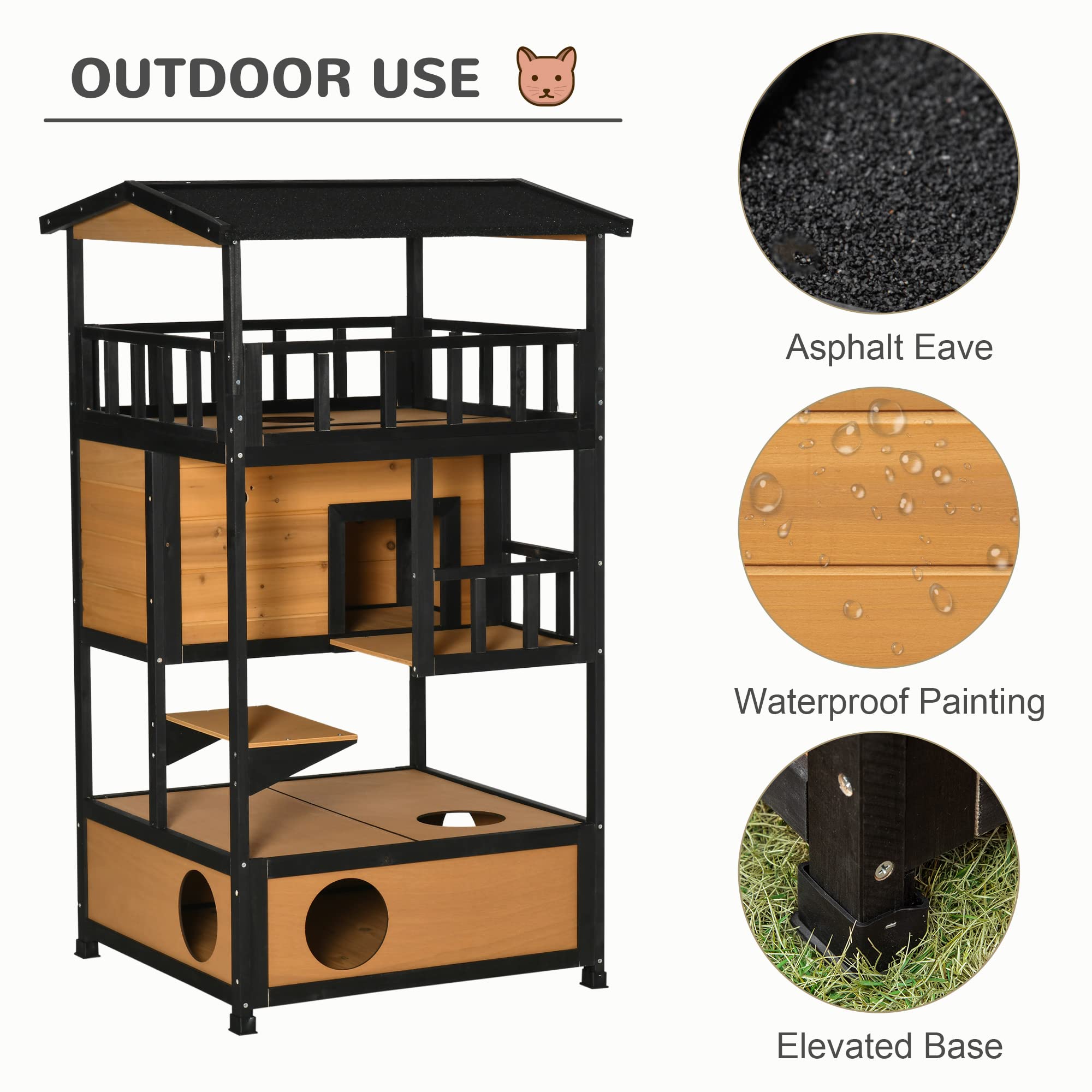 Pawhut Wooden Outdoor Cat House, Feral Cat Shelter Kitten Condo With Asphalt Roof, Escape Doors, Condo, Jumping Platform, Yellow