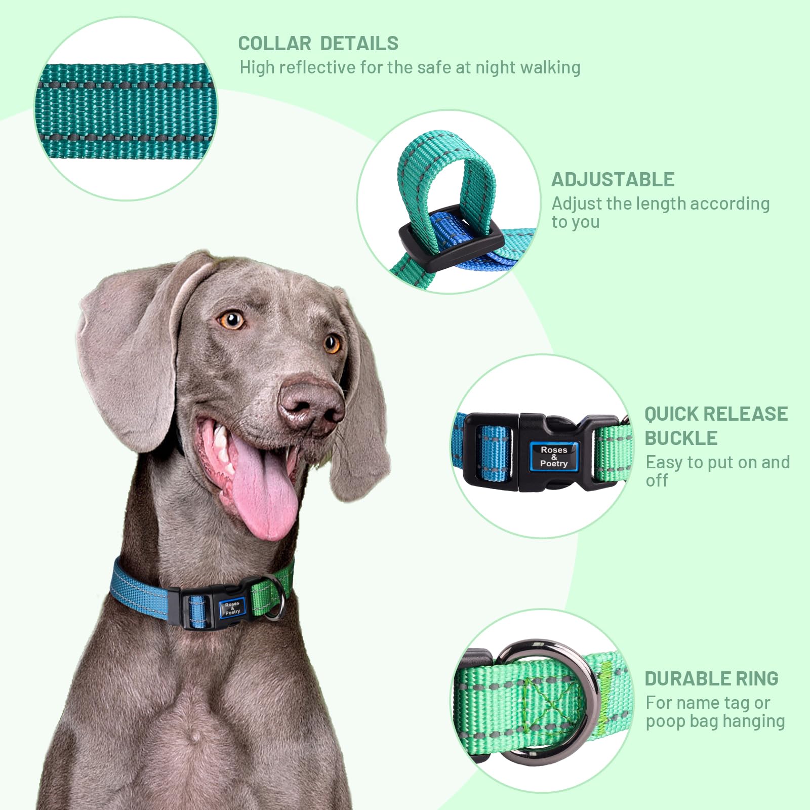 Roses&Poetry Large Dog Collar, Adjustable Reflective Durable Pet Collars For Small Medium Large Dogs (Bluegreen-L)