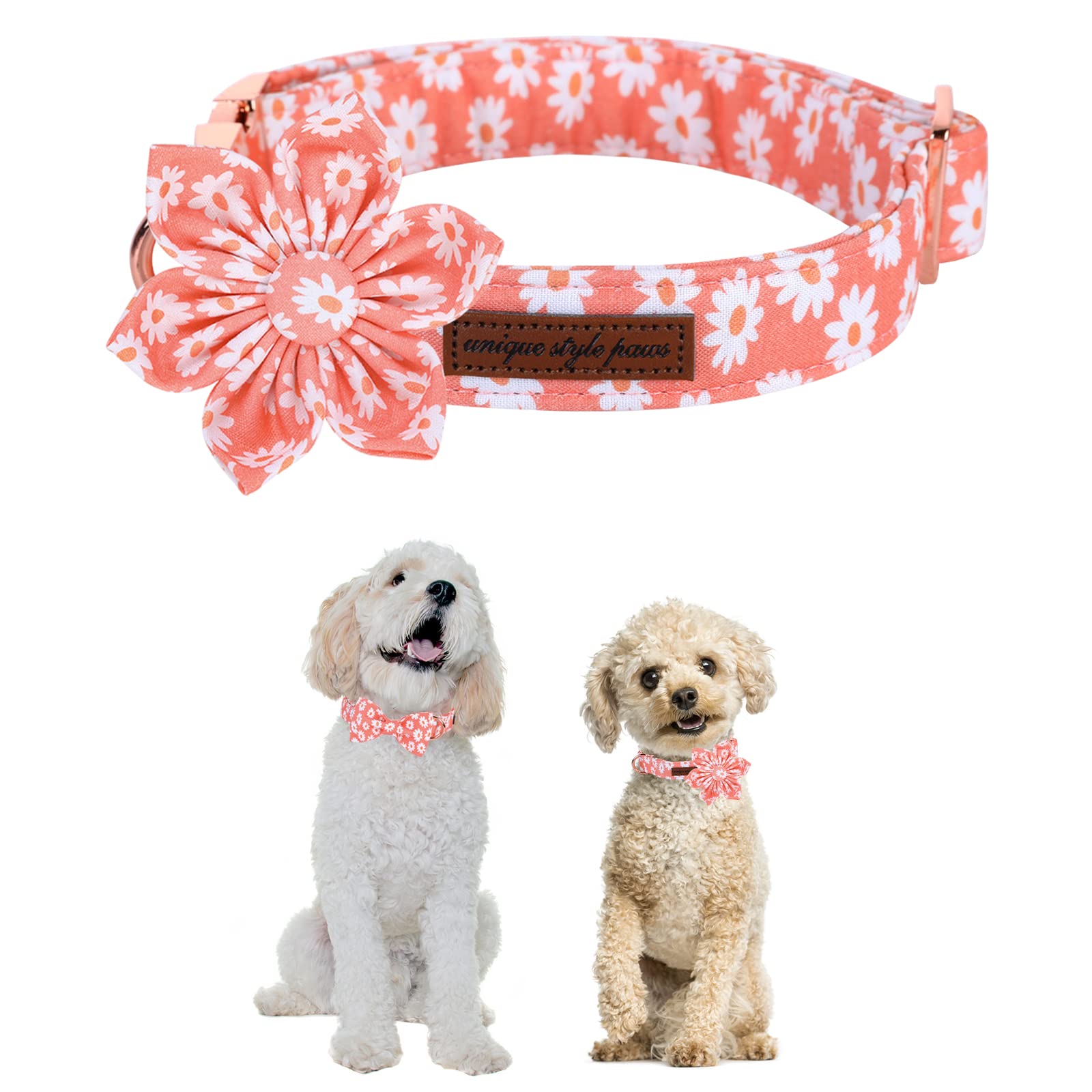 Unique Style Paws Dog Collar With Flower Tie Pink Daisy Summer Dog Collar For Small Medium Large Dogs With Adjustable Metal Buckle -M