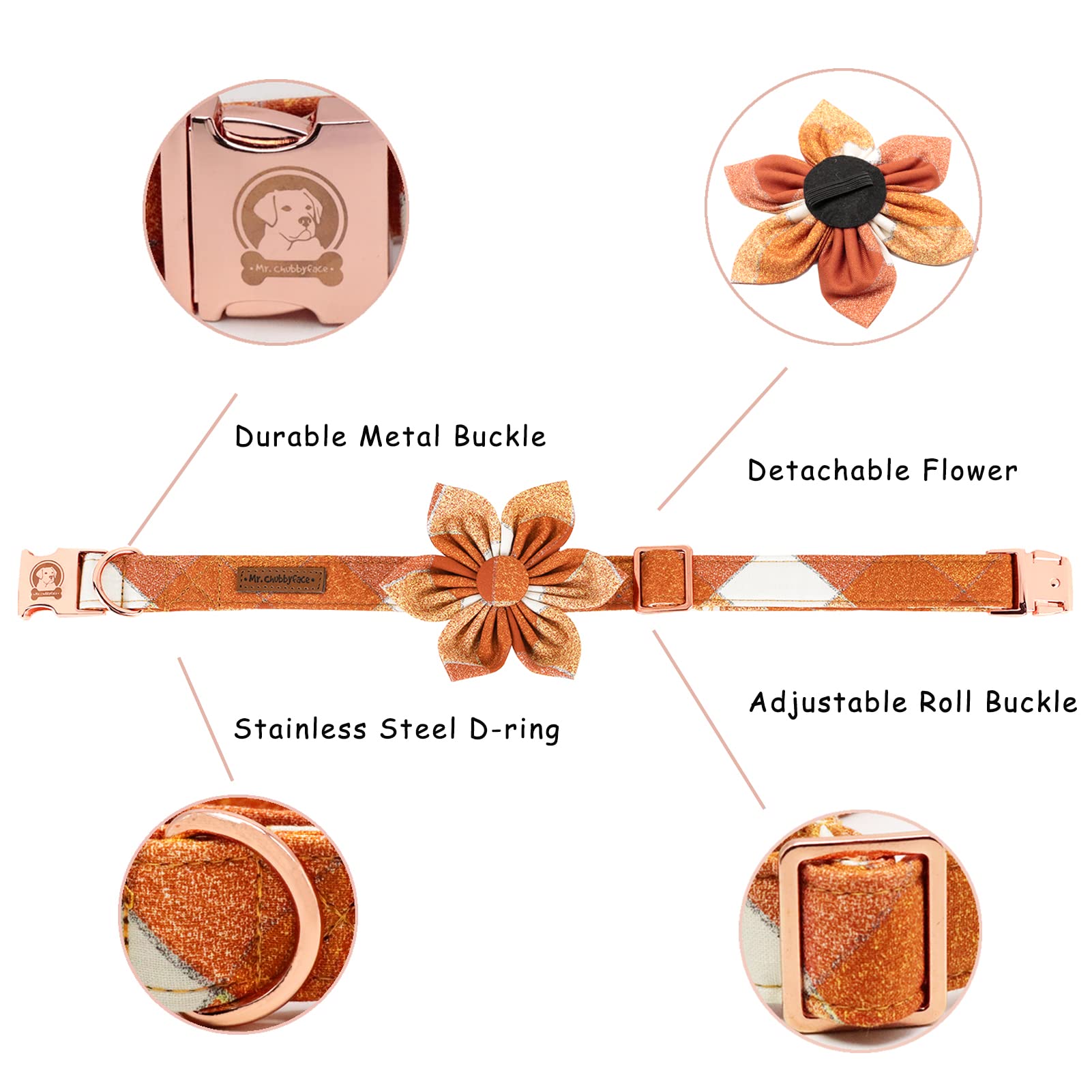 Fall Dog Collar With Flower, Orange Plaid Flower Dog Collar, Boy Girl Dog Collars For Small Medium Large Dogs